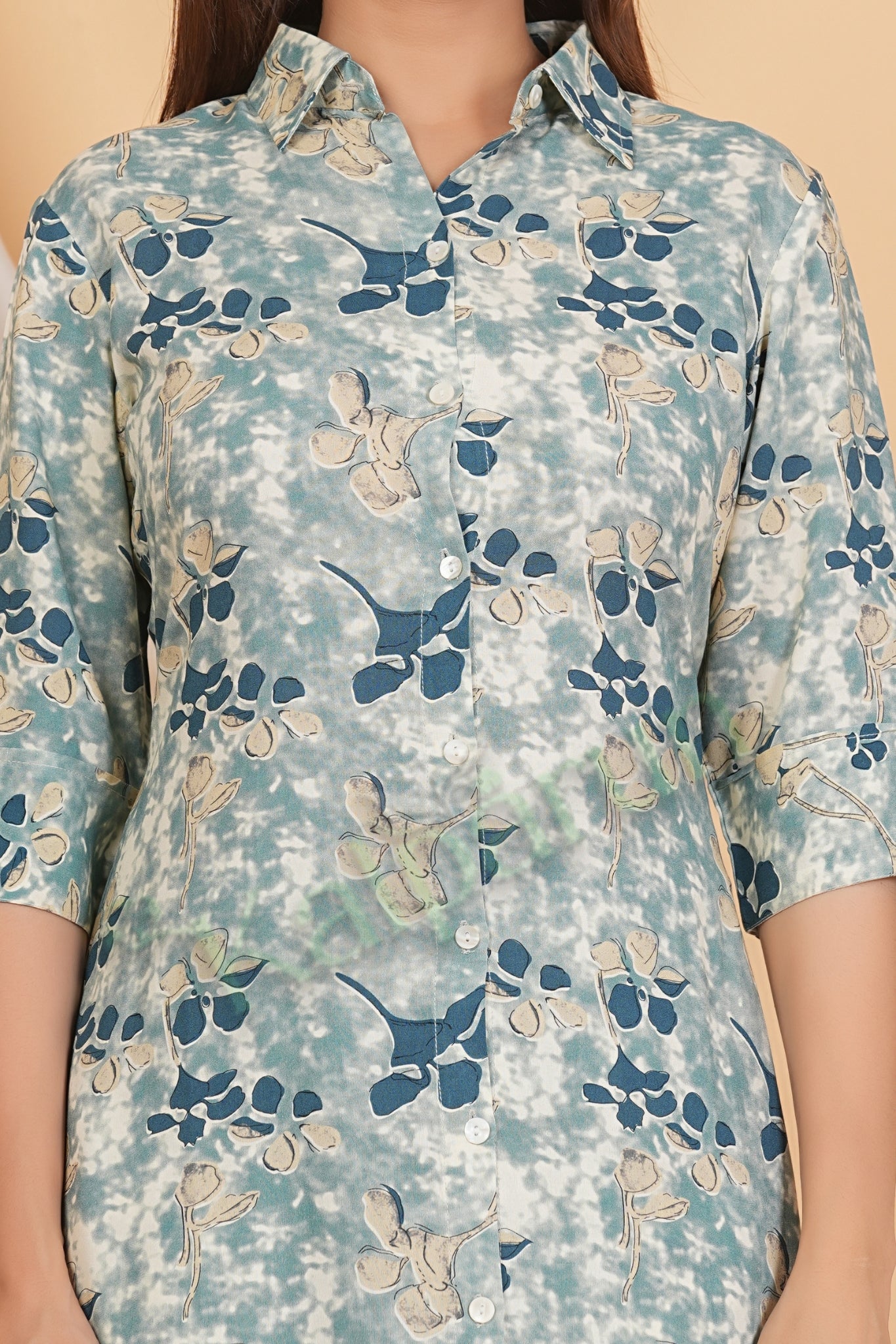 Kalparun Floral Print Rayon Kurta Set with Pants, Blue Kurta Set, Collared Neck