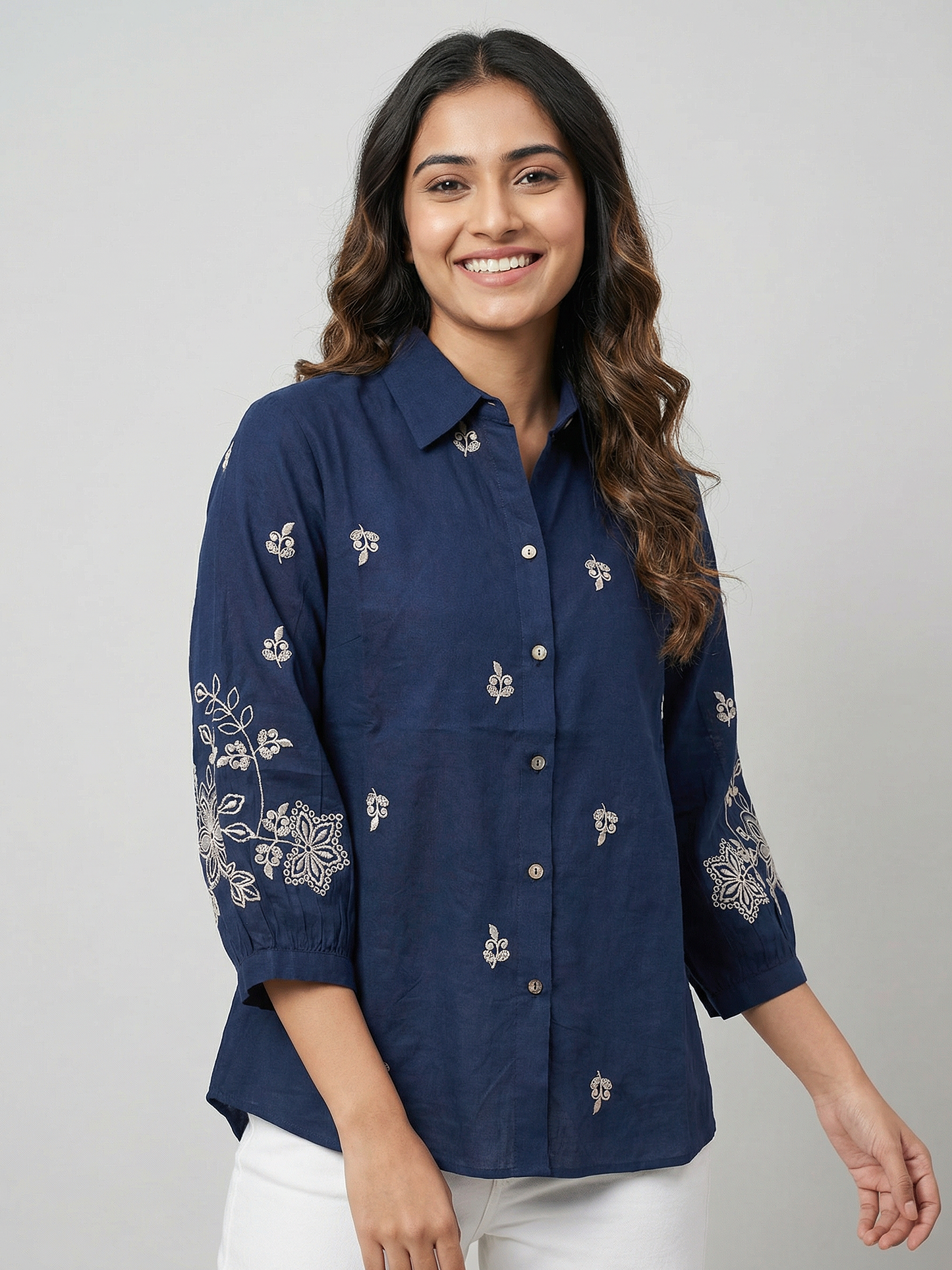 Kalparun Navy Blue Embroidered Shirt