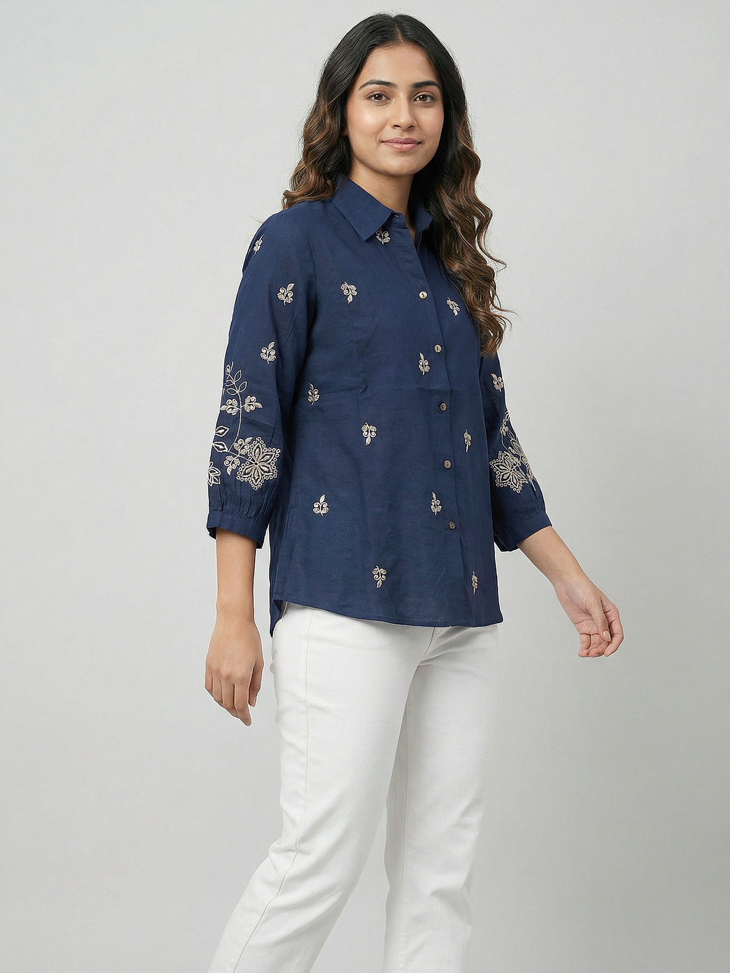 Kalparun Navy Blue Embroidered Shirt