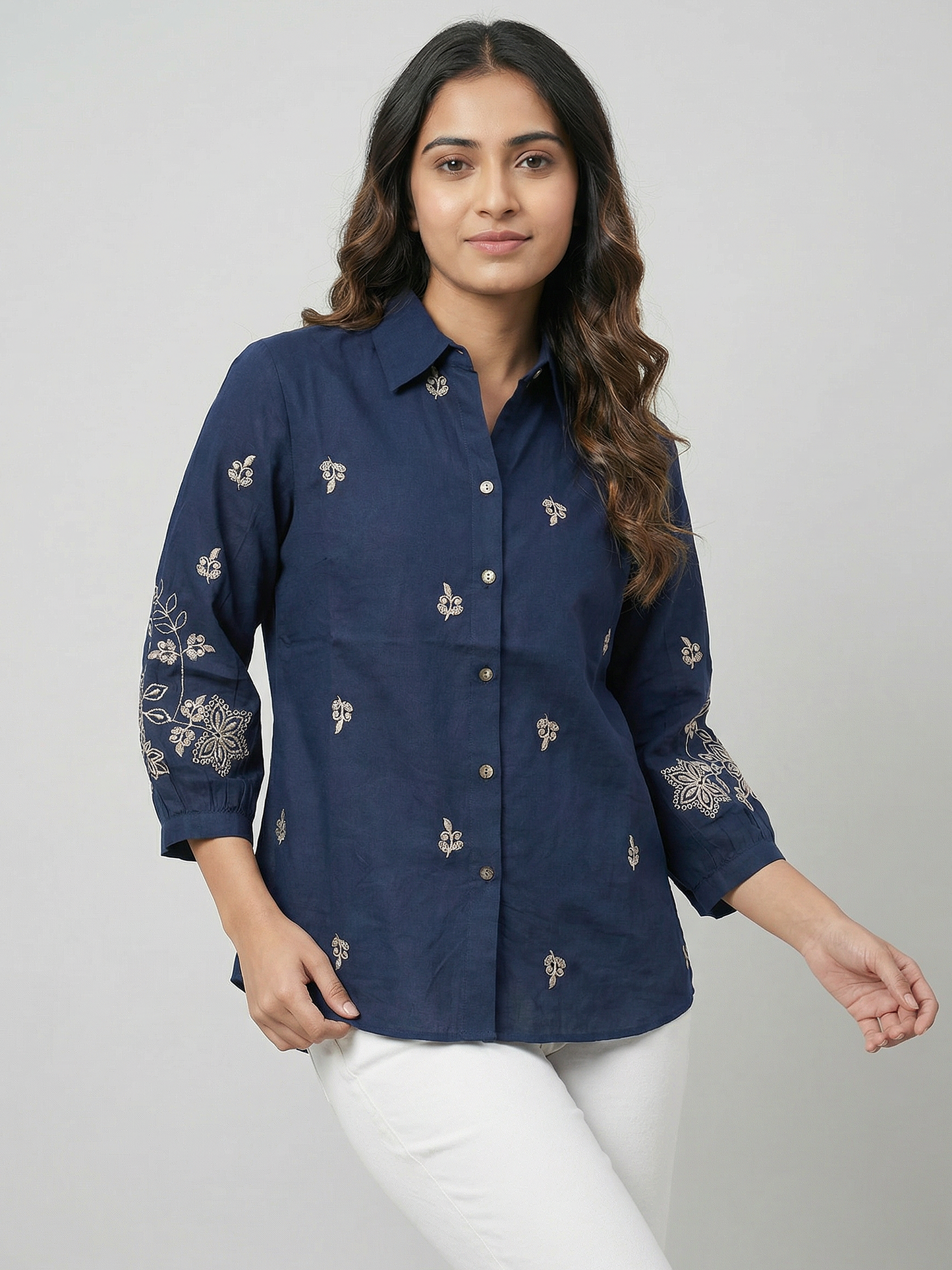Kalparun Navy Blue Embroidered Shirt