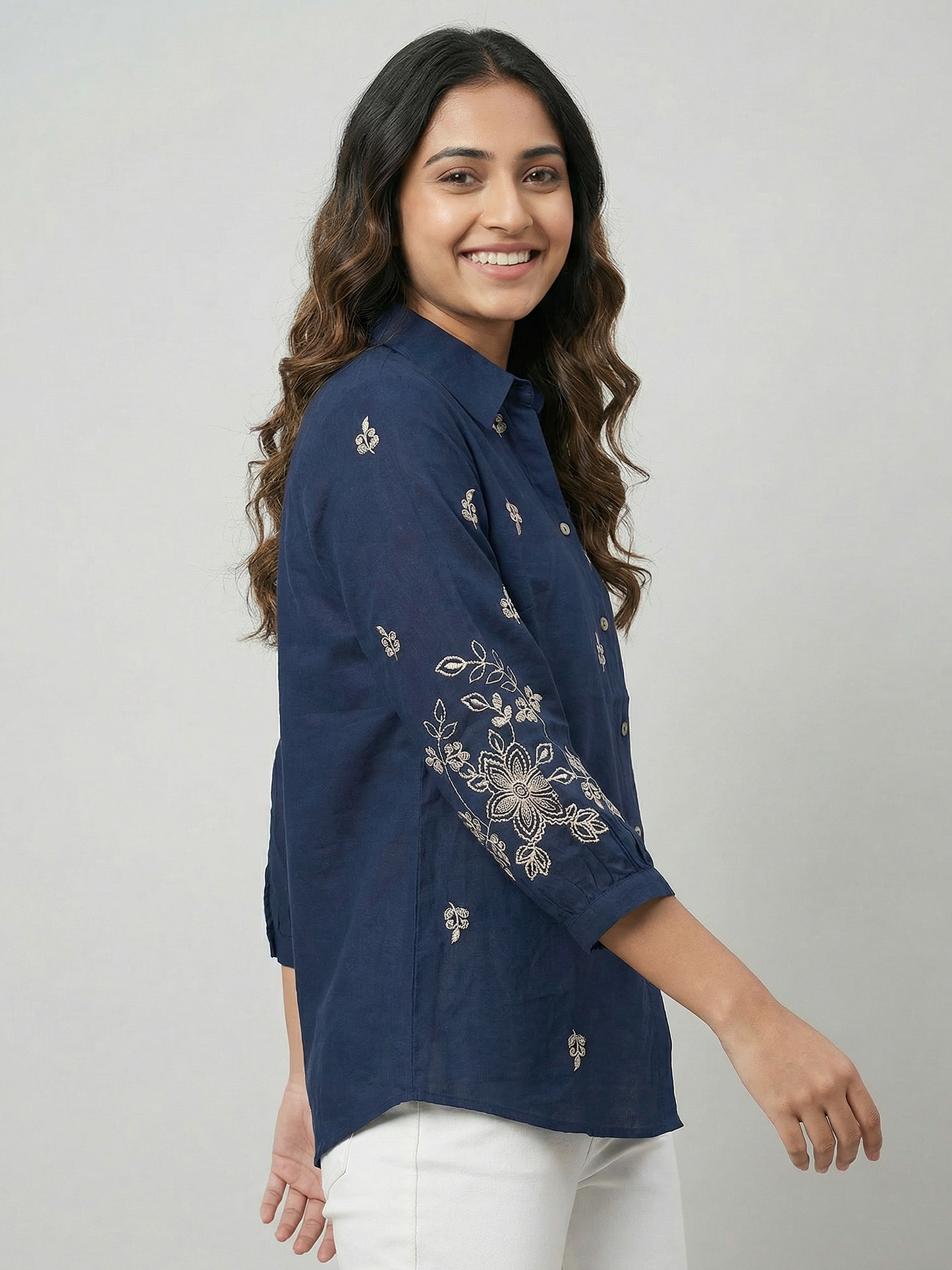 Kalparun Navy Blue Embroidered Shirt