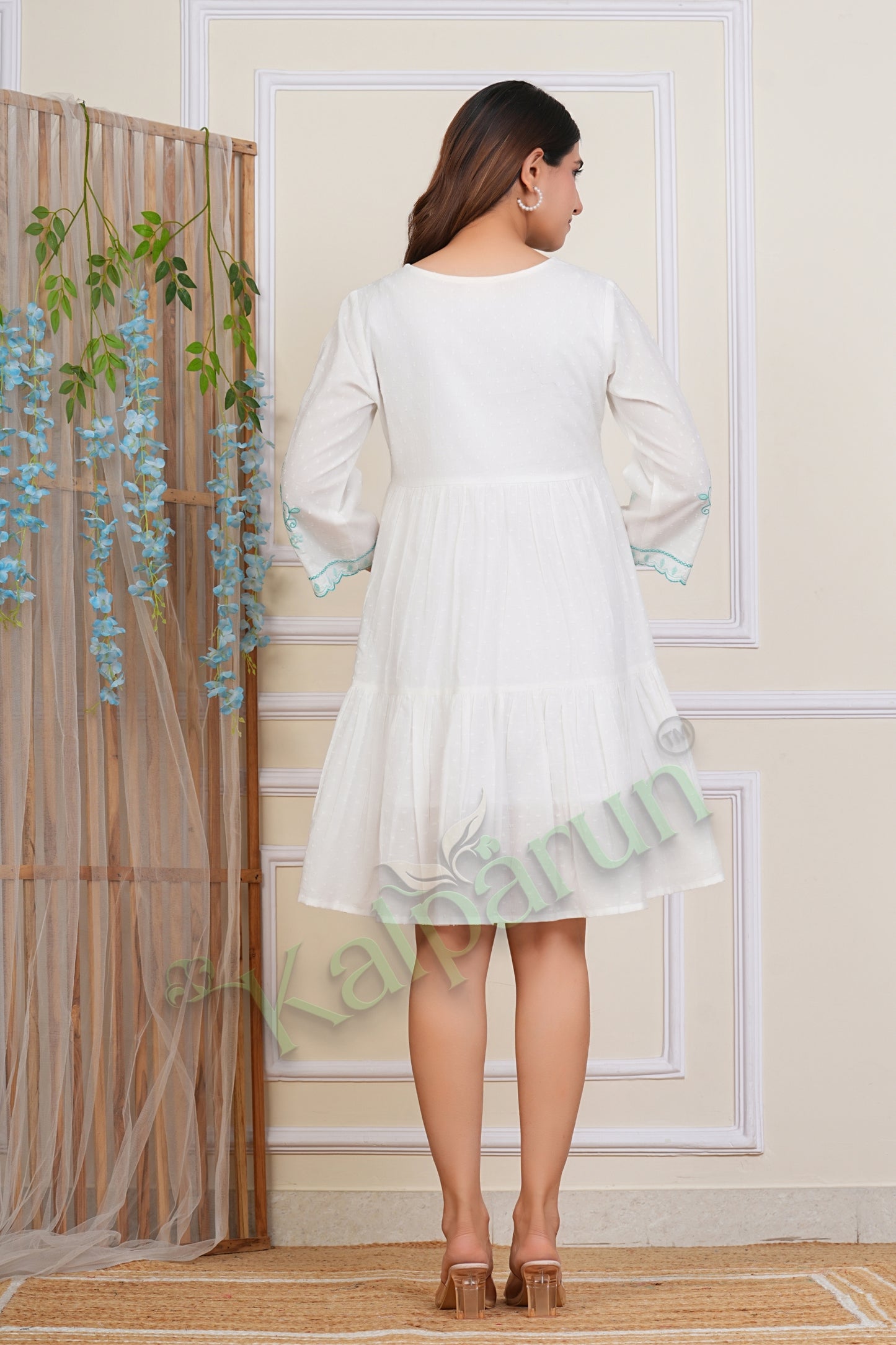 Kalparun Powder White Cotton Short Dress with Mint Green Floral Embroidered, V-Neck, 3/4 Sleeves