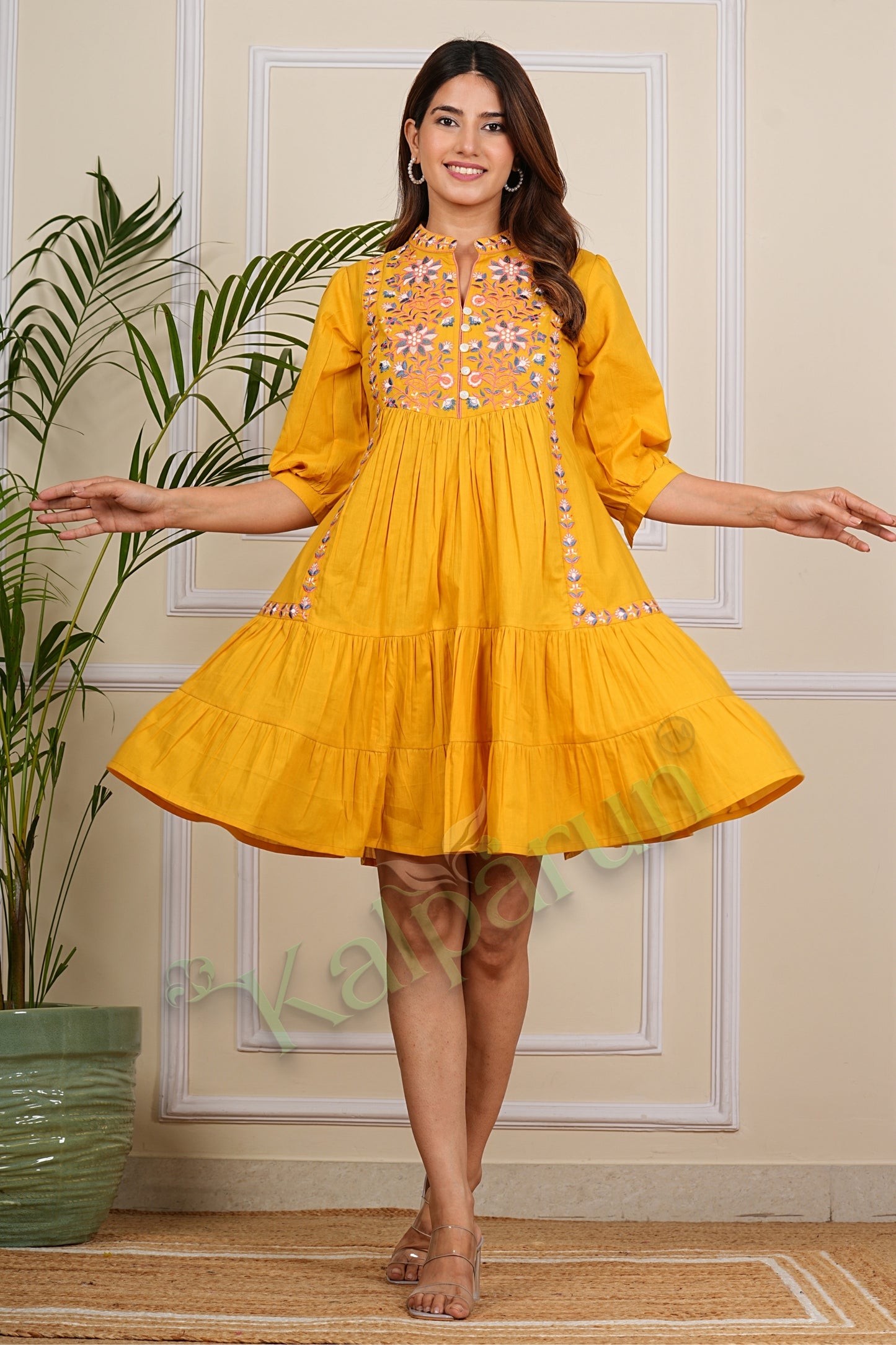 Kalparun Floral Lilac Lavender Embroidered Cotton Tiered Sunshine Yellow Short Dress, 3/4 Sleeve, Mandarin Collar