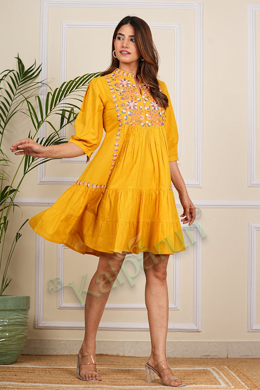 Kalparun Floral Lilac Lavender Embroidered Cotton Tiered Sunshine Yellow Short Dress, 3/4 Sleeve, Mandarin Collar