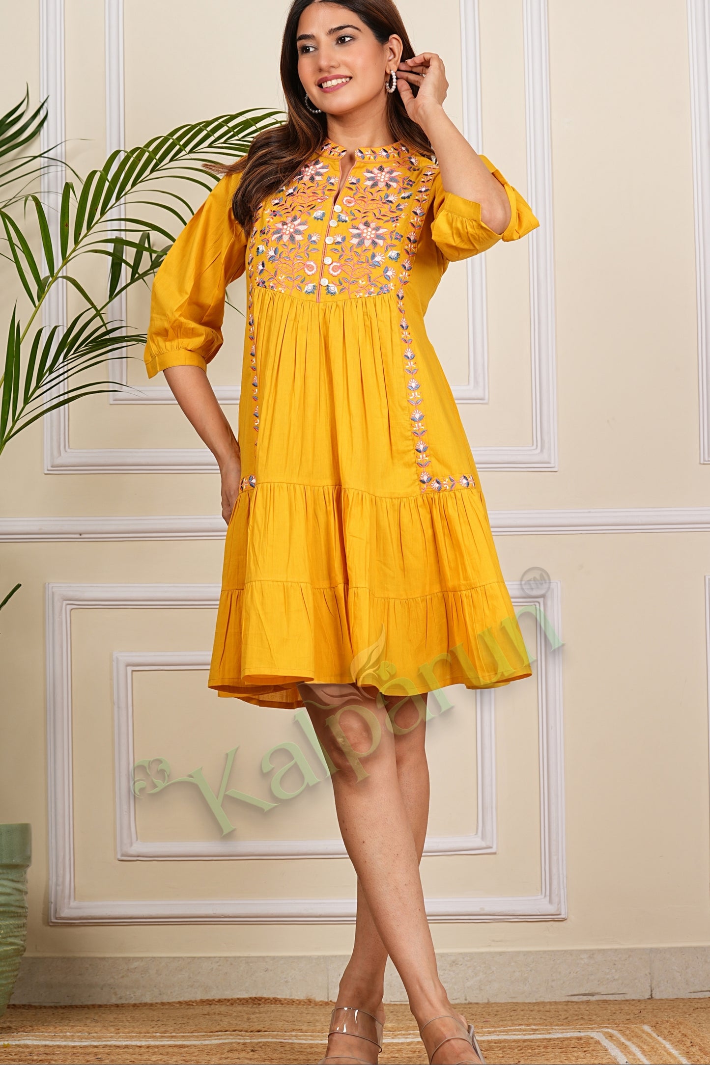 Kalparun Floral Lilac Lavender Embroidered Cotton Tiered Sunshine Yellow Short Dress, 3/4 Sleeve, Mandarin Collar