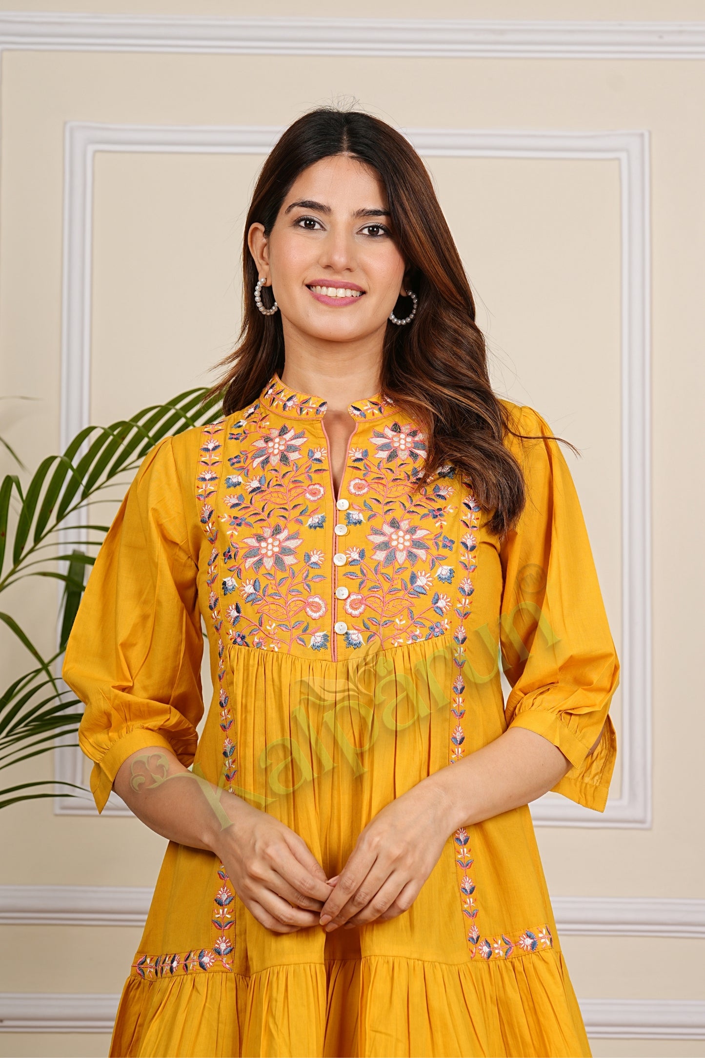 Kalparun Floral Lilac Lavender Embroidered Cotton Tiered Sunshine Yellow Short Dress, 3/4 Sleeve, Mandarin Collar