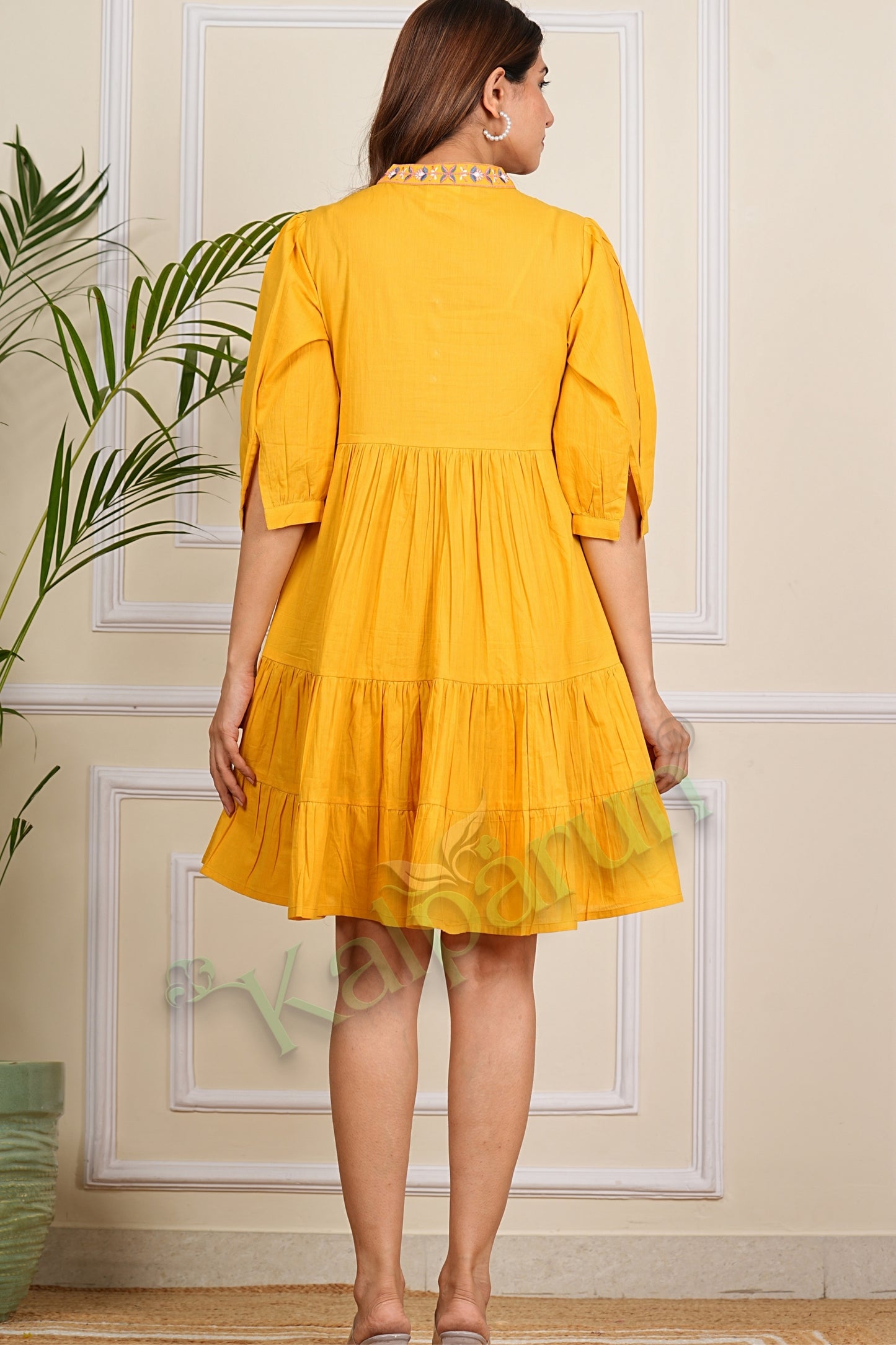 Kalparun Floral Lilac Lavender Embroidered Cotton Tiered Sunshine Yellow Short Dress, 3/4 Sleeve, Mandarin Collar