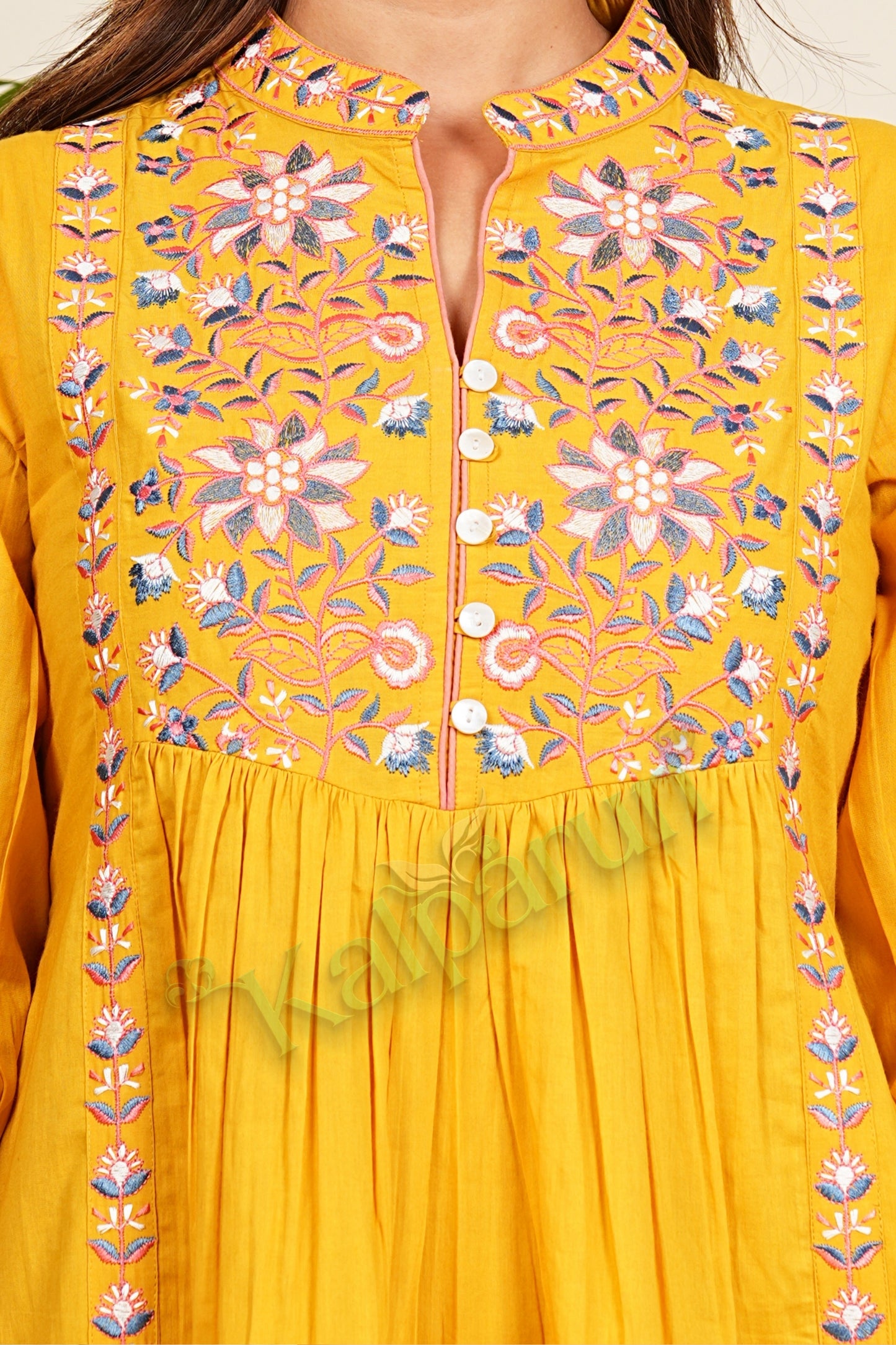 Kalparun Floral Lilac Lavender Embroidered Cotton Tiered Sunshine Yellow Short Dress, 3/4 Sleeve, Mandarin Collar
