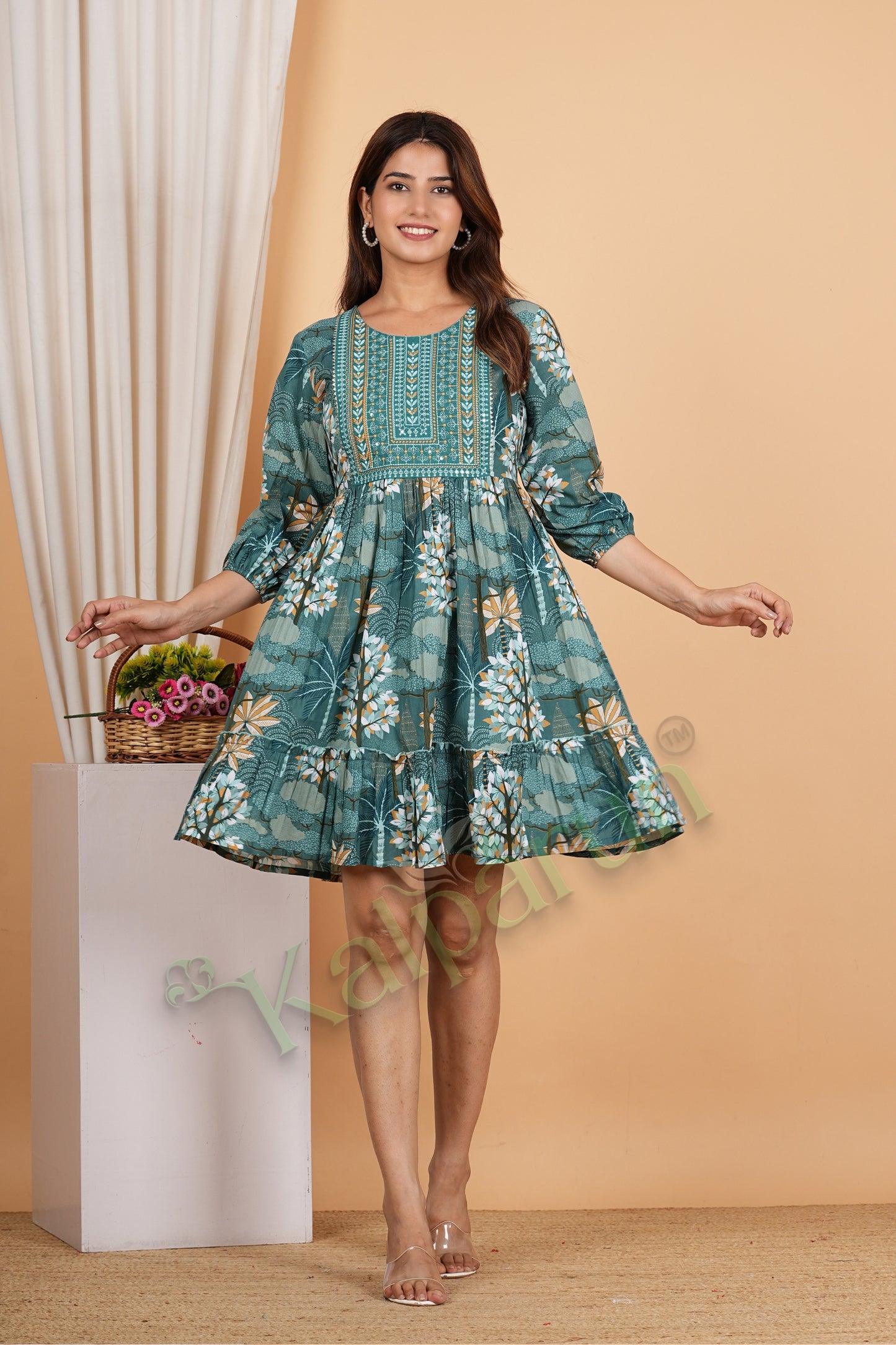 Kalparun Tiered Cotton Short Dress, Peacock Teal Green with Embroidered Yoke, 3/4th Puff Sleeves
