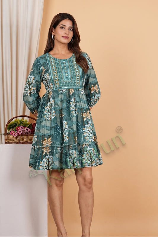 Kalparun Tiered Cotton Short Dress, Peacock Teal Green with Embroidered Yoke, 3/4th Puff Sleeves