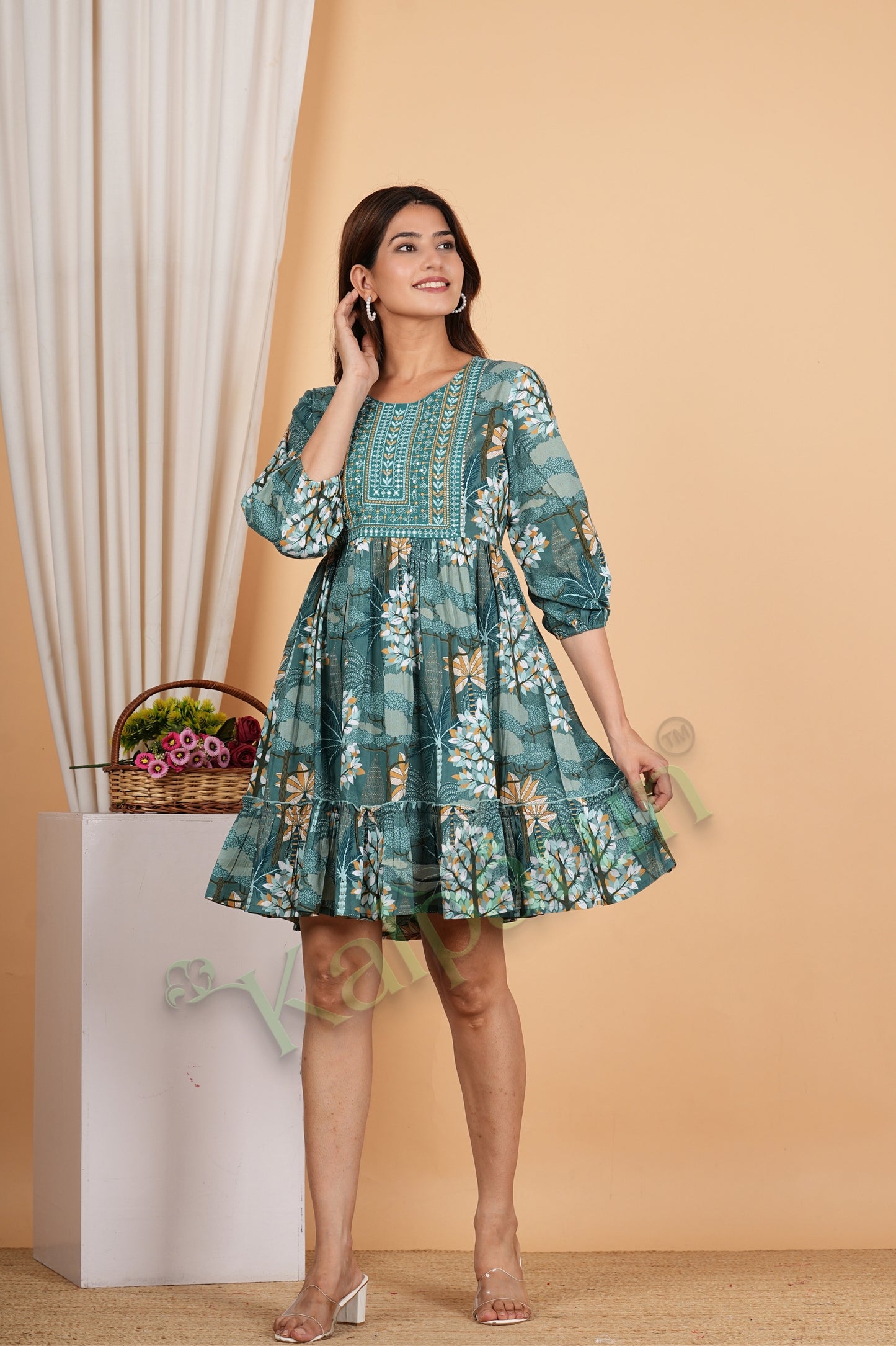 Kalparun Tiered Cotton Short Dress, Peacock Teal Green with Embroidered Yoke, 3/4th Puff Sleeves