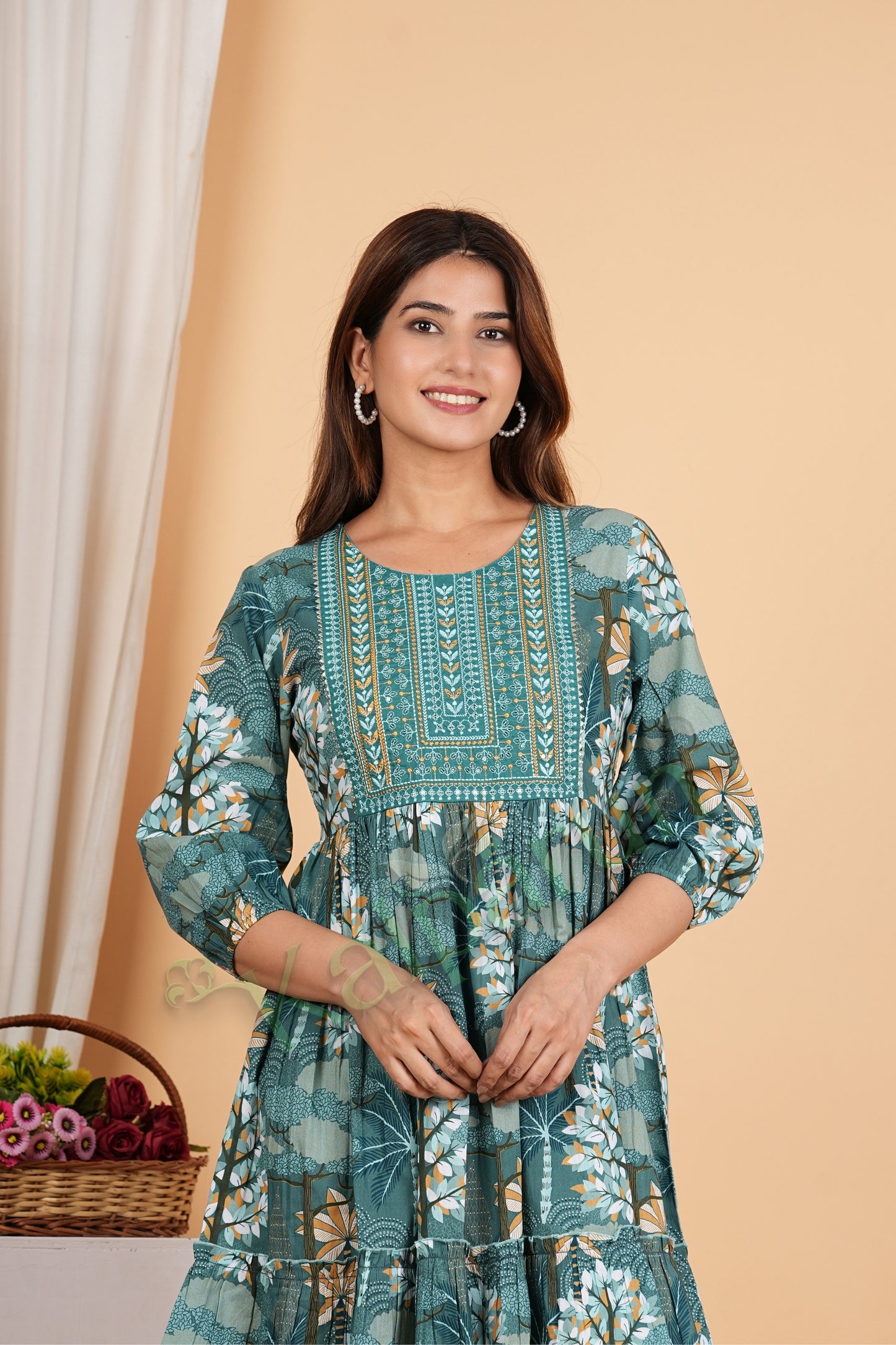 Kalparun Tiered Cotton Short Dress, Peacock Teal Green with Embroidered Yoke, 3/4th Puff Sleeves