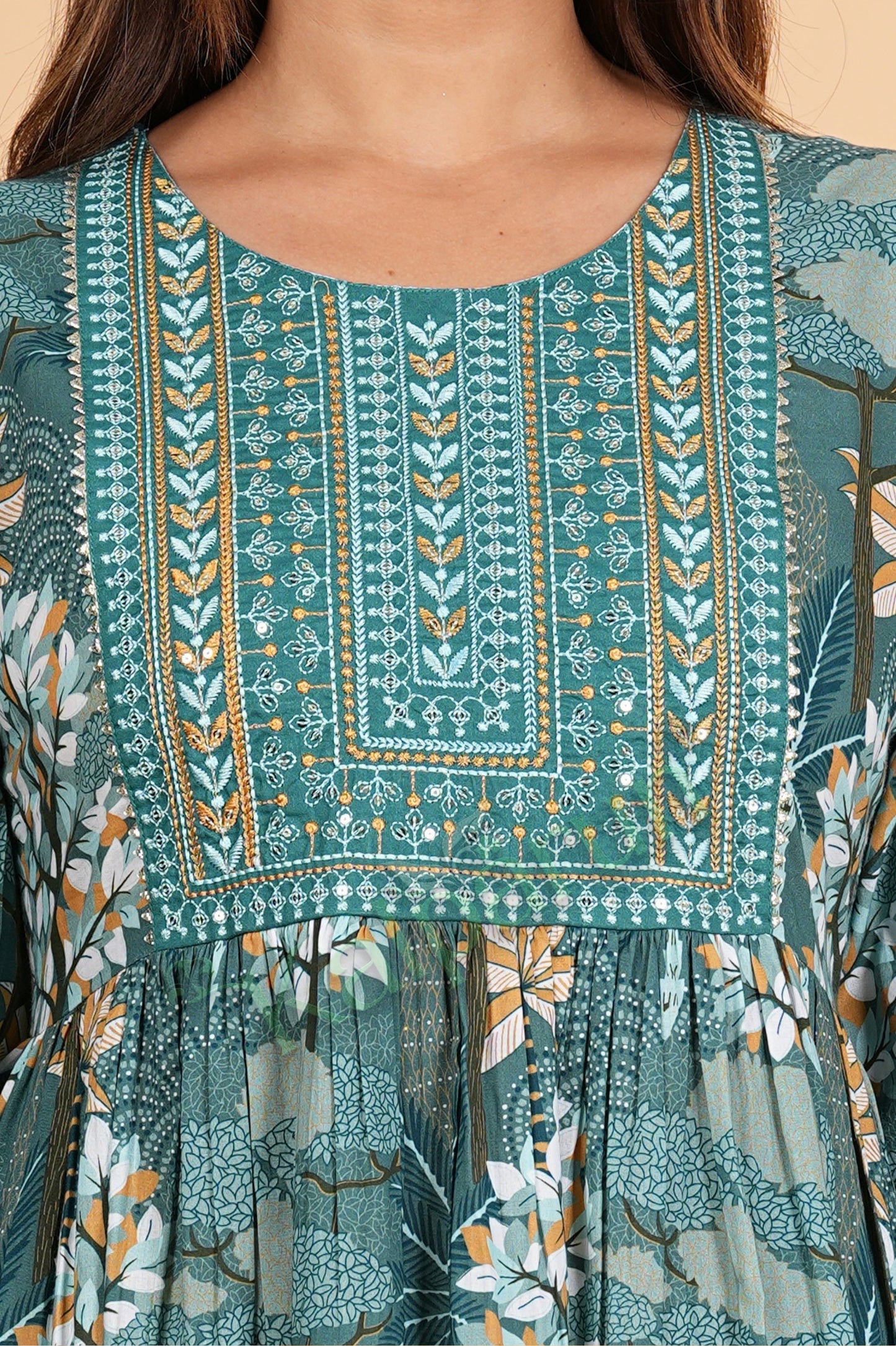 Kalparun Tiered Cotton Short Dress, Peacock Teal Green with Embroidered Yoke, 3/4th Puff Sleeves