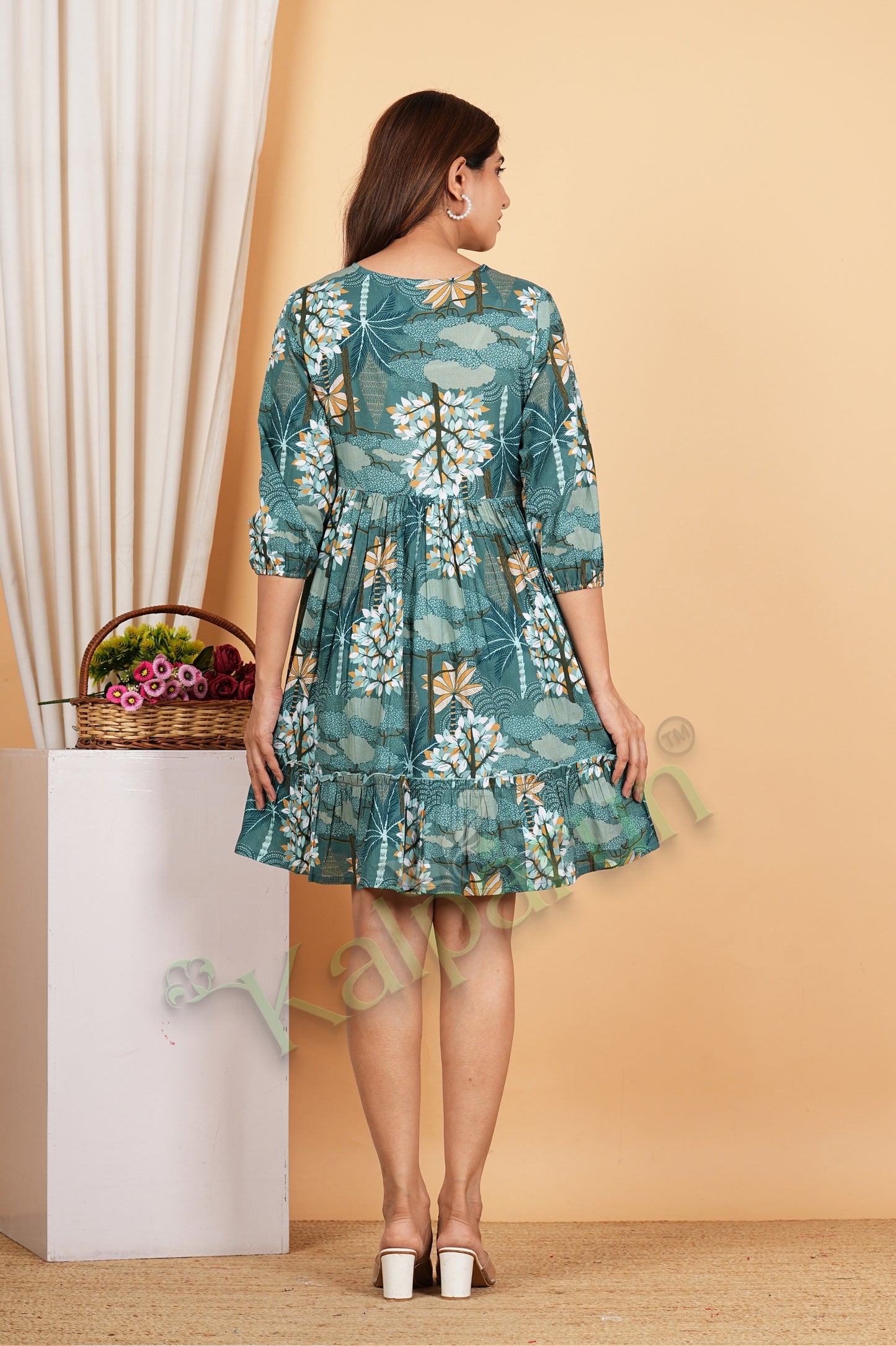 Kalparun Tiered Cotton Short Dress, Peacock Teal Green with Embroidered Yoke, 3/4th Puff Sleeves