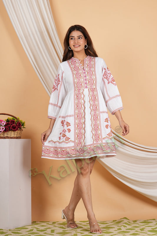 Kalparun Women's Blush White Cotton Short Dress with Hazelnut Chocolate Embroidery, V-Neck, 3/4 Sleeves