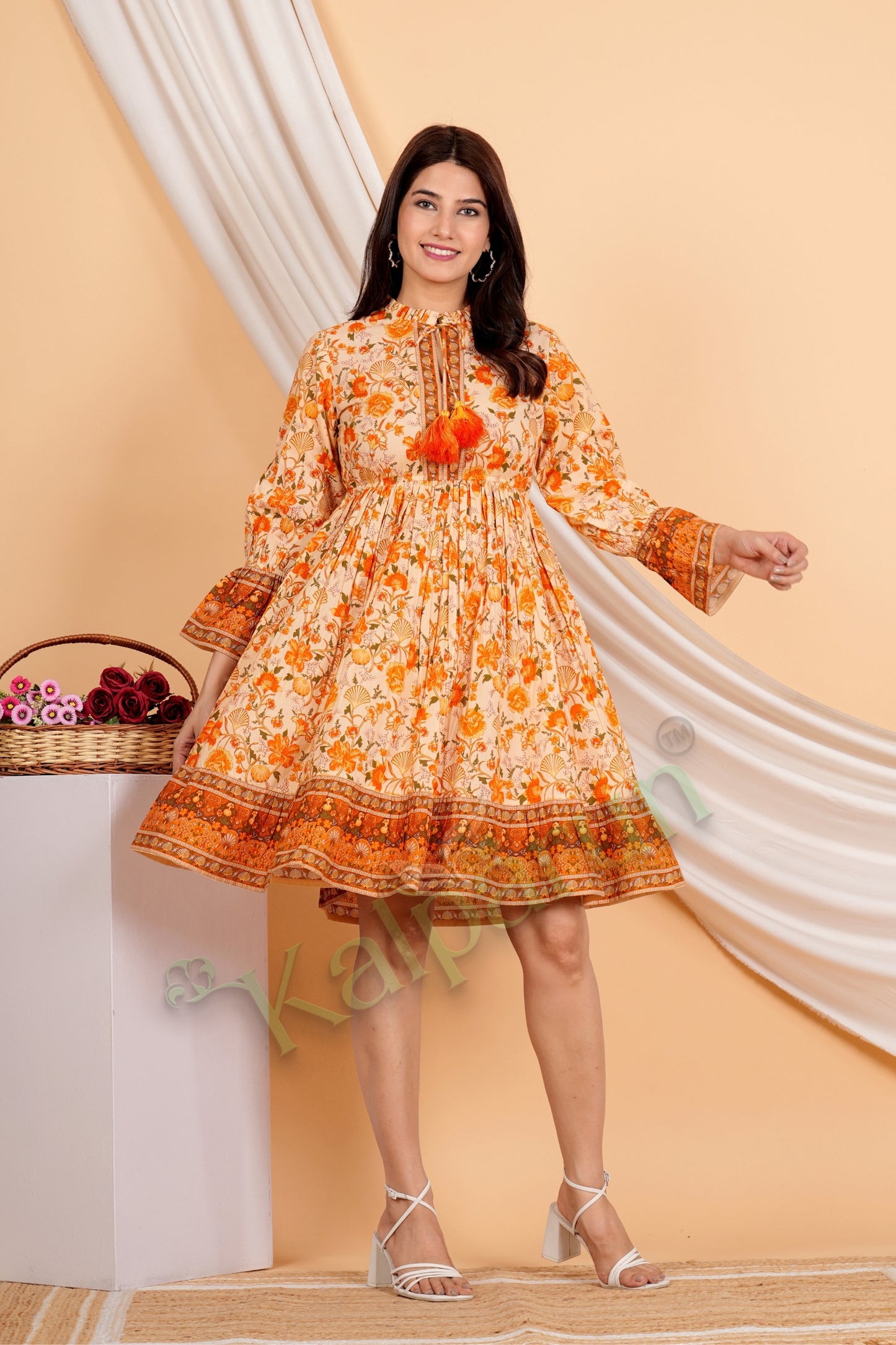 Kalparun Floral Print Short Dress, Sunset Coral and Vanilla, Long Sleeve with Tassel Detail, Tiered Hem
