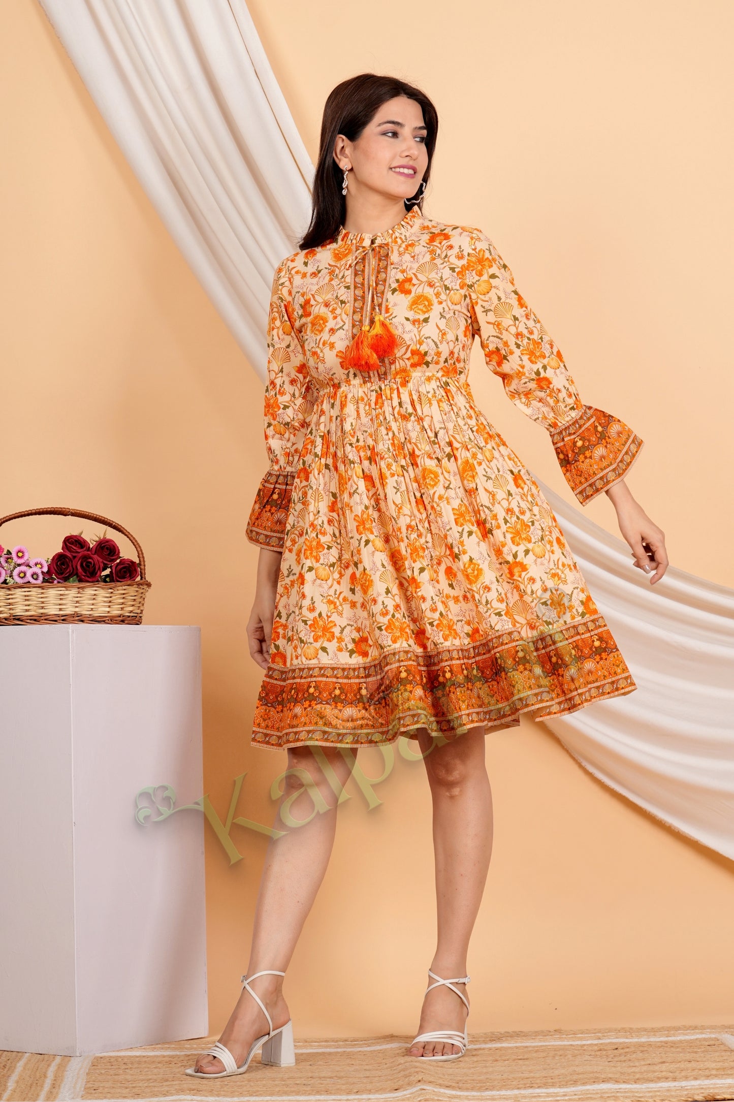 Kalparun Floral Print Short Dress, Sunset Coral and Vanilla, Long Sleeve with Tassel Detail, Tiered Hem