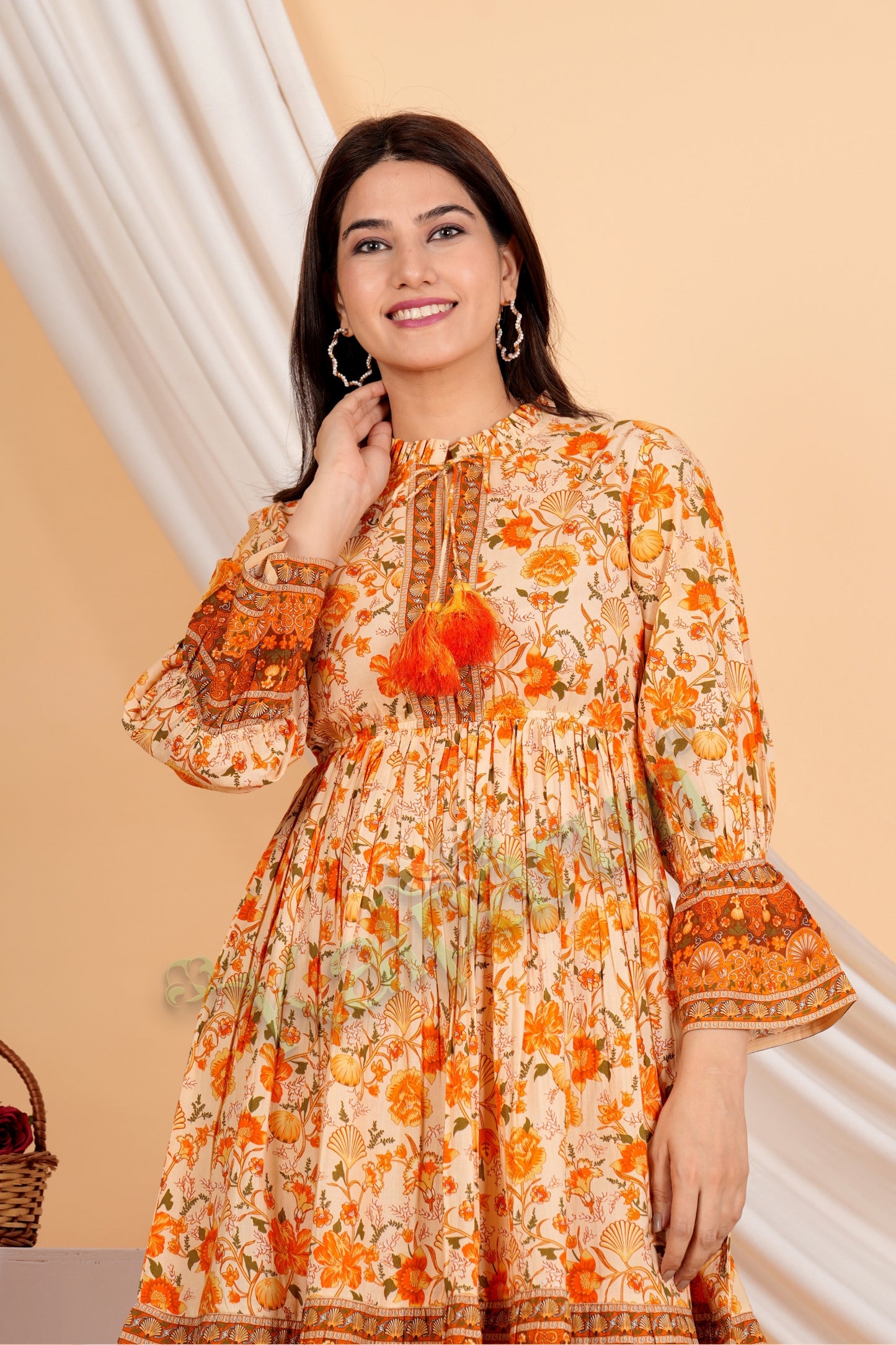 Kalparun Floral Print Short Dress, Sunset Coral and Vanilla, Long Sleeve with Tassel Detail, Tiered Hem