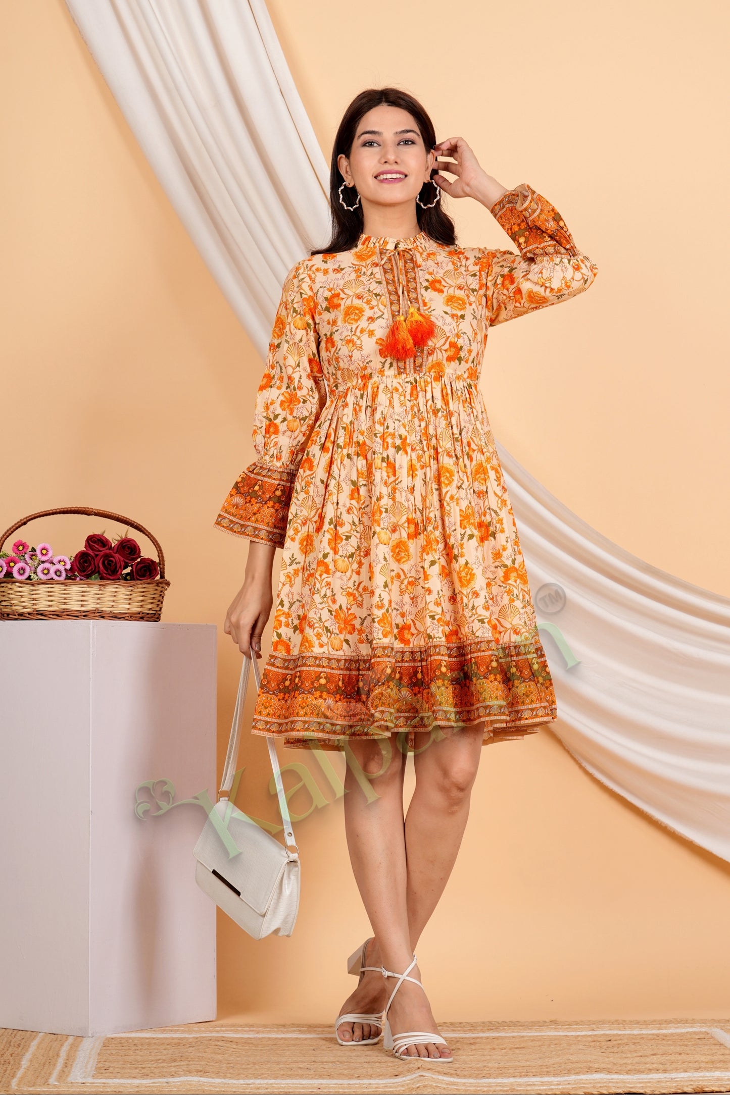 Kalparun Floral Print Short Dress, Sunset Coral and Vanilla, Long Sleeve with Tassel Detail, Tiered Hem