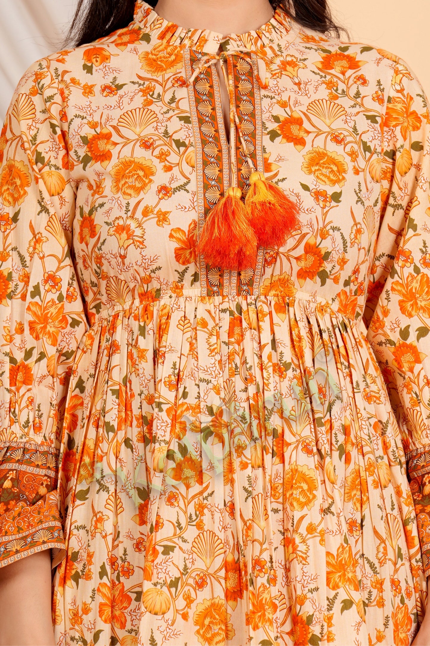 Kalparun Floral Print Short Dress, Sunset Coral and Vanilla, Long Sleeve with Tassel Detail, Tiered Hem