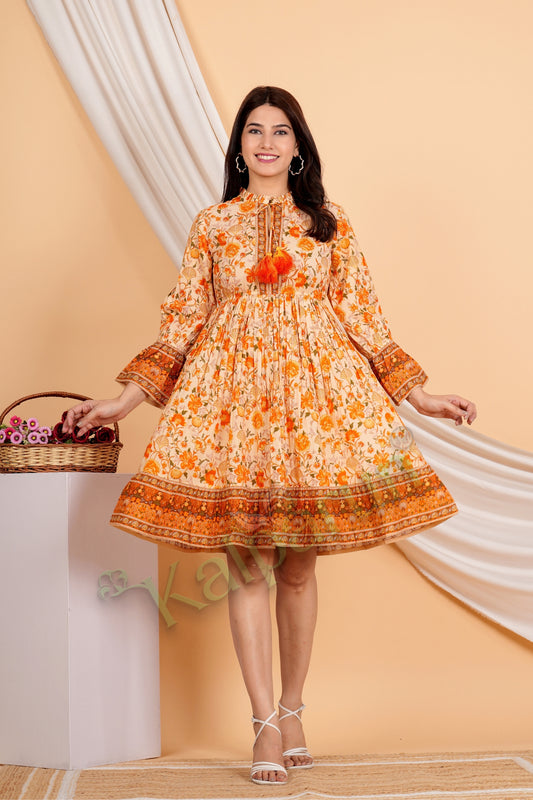 Kalparun Floral Print Short Dress, Sunset Coral and Vanilla, Long Sleeve with Tassel Detail, Tiered Hem