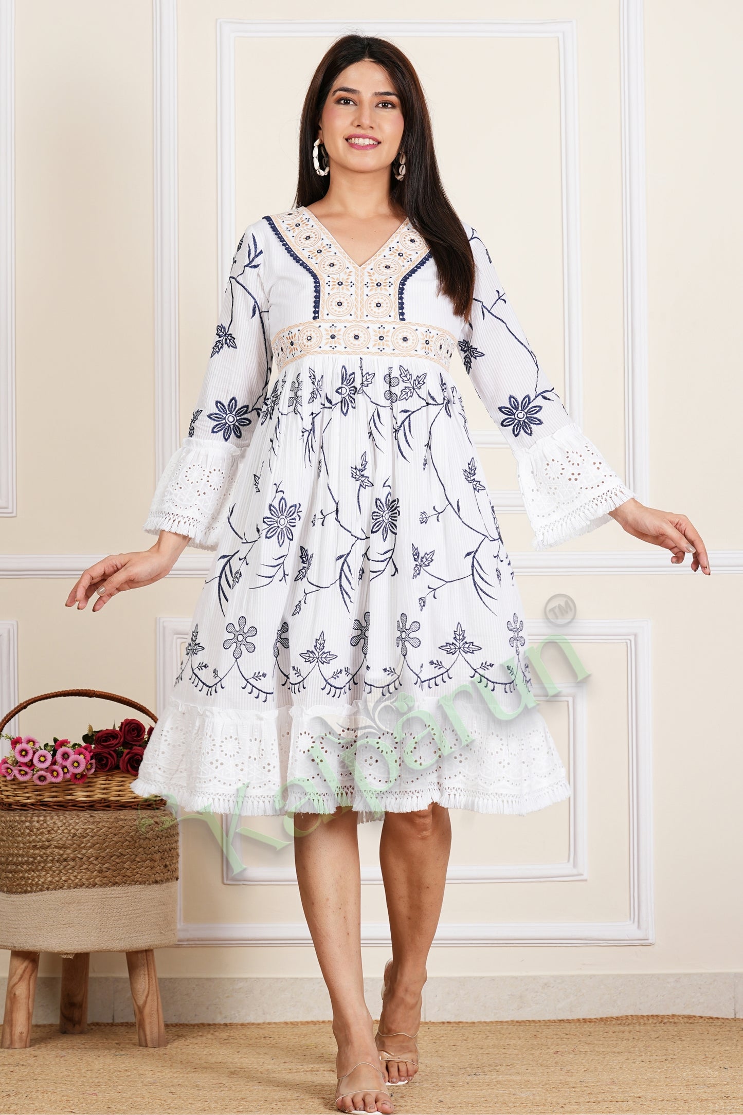 Kalparun Women's Ivory White Floral Embroidered Cotton Short Dress, V-Neck, Bell Sleeves with Eyelet Lace Trim