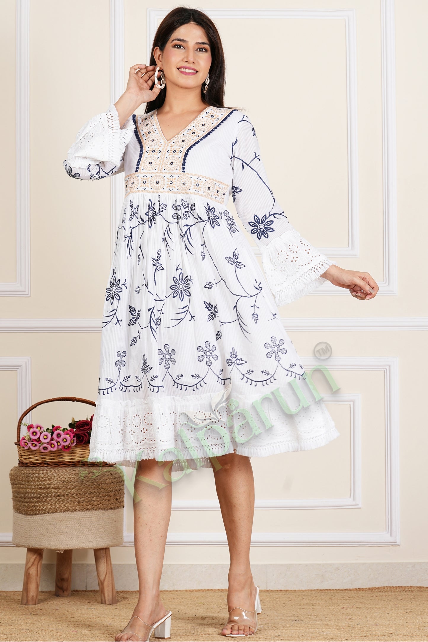 Kalparun Women's Ivory White Floral Embroidered Cotton Short Dress, V-Neck, Bell Sleeves with Eyelet Lace Trim