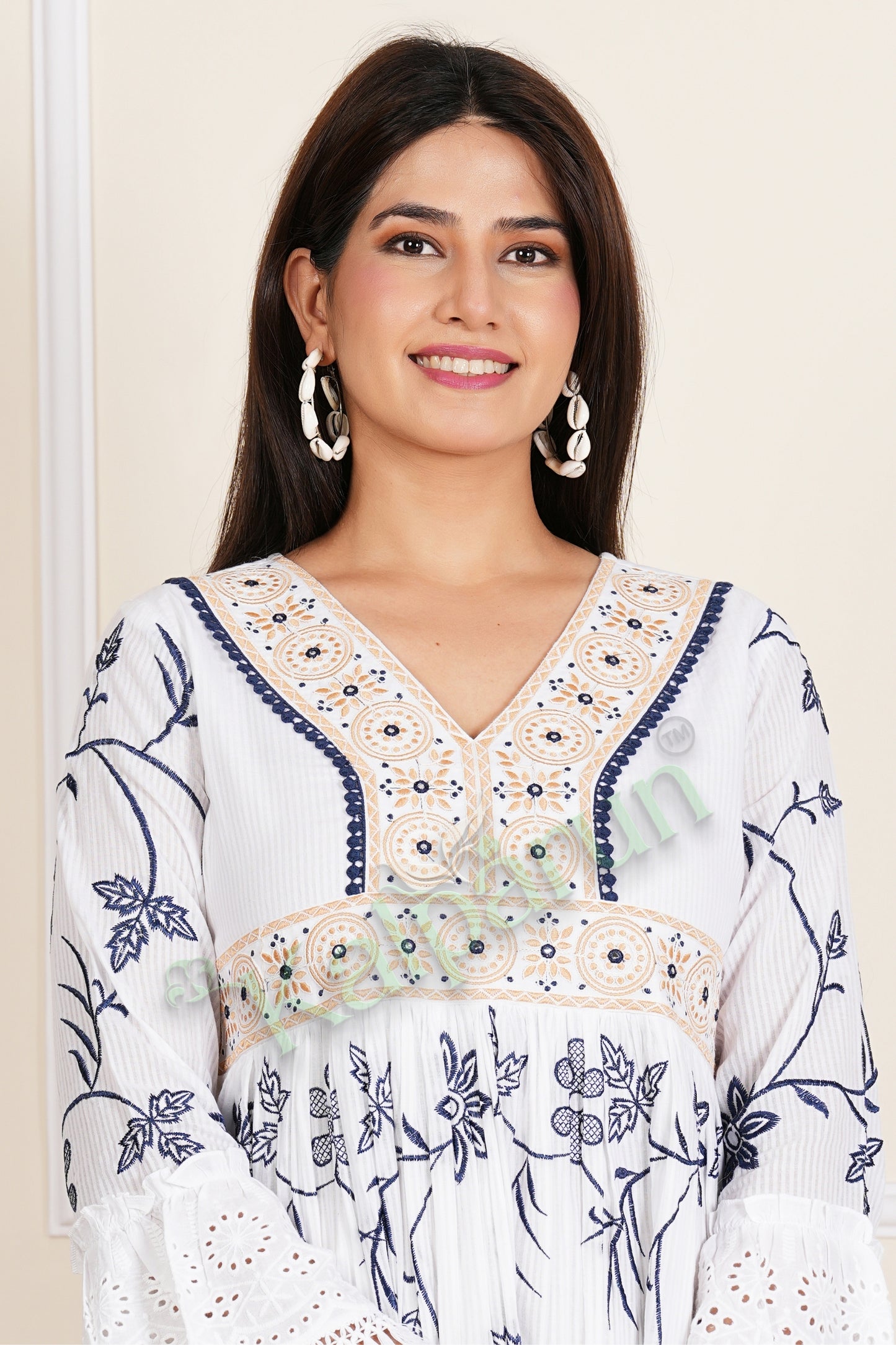 Kalparun Women's Ivory White Floral Embroidered Cotton Short Dress, V-Neck, Bell Sleeves with Eyelet Lace Trim