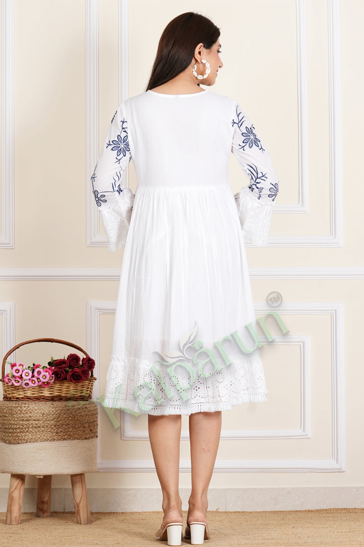 Kalparun Women's Ivory White Floral Embroidered Cotton Short Dress, V-Neck, Bell Sleeves with Eyelet Lace Trim