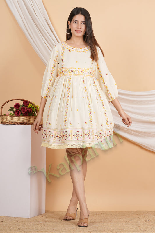 Kalparun Women's Embroidered Cotton Short Dress, Soft Ivory with Floral Pattern, 3/4 Sleeve, Empire Waist