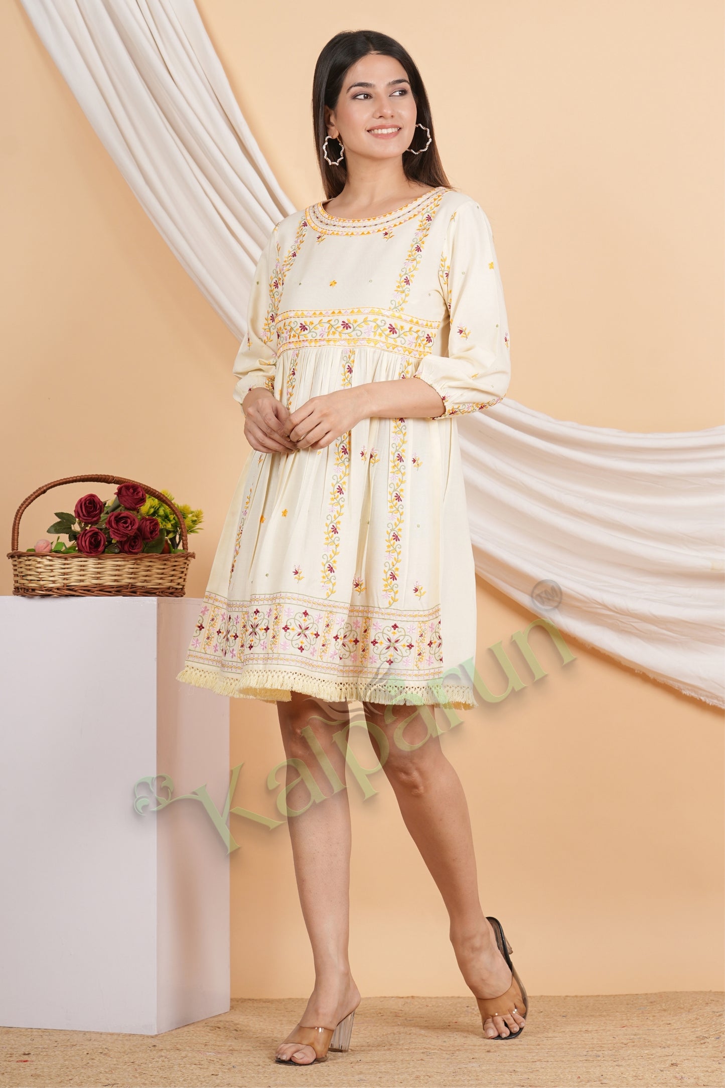 Kalparun Women's Embroidered Cotton Short Dress, Soft Ivory with Floral Pattern, 3/4 Sleeve, Empire Waist