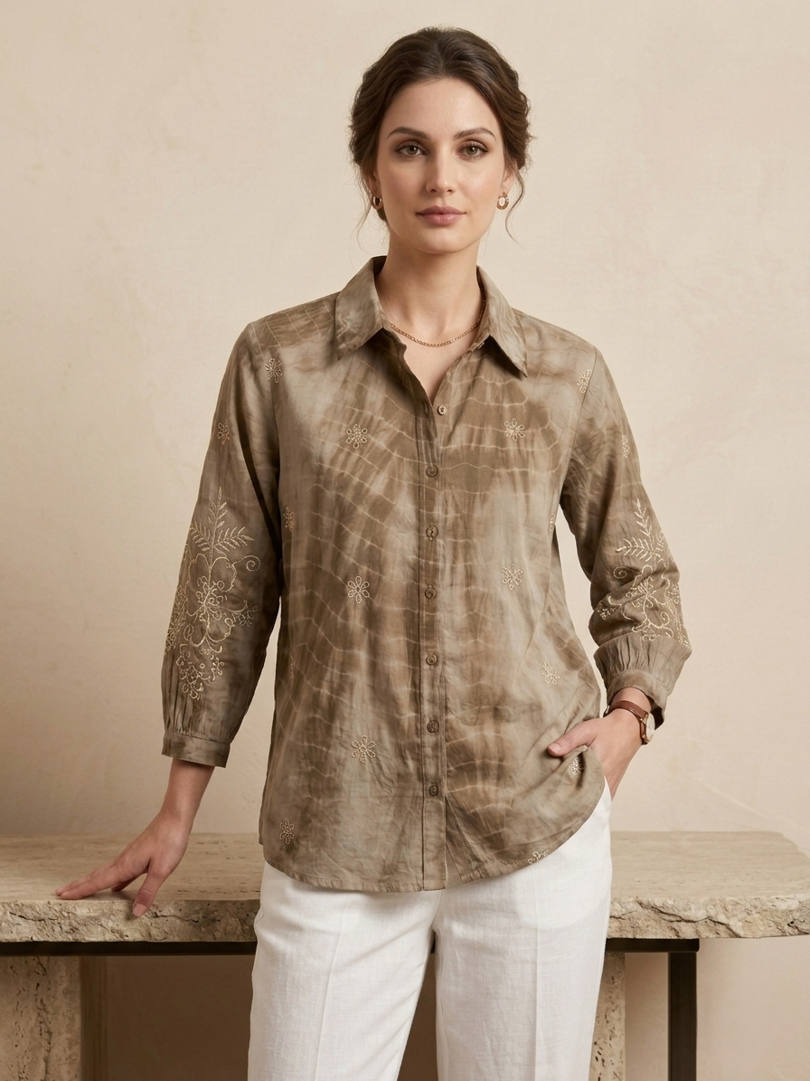 Brown Collar Printed Shirt For Women