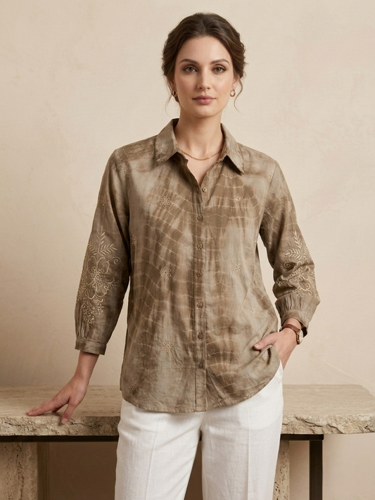 Brown Collar Printed Shirt For Women