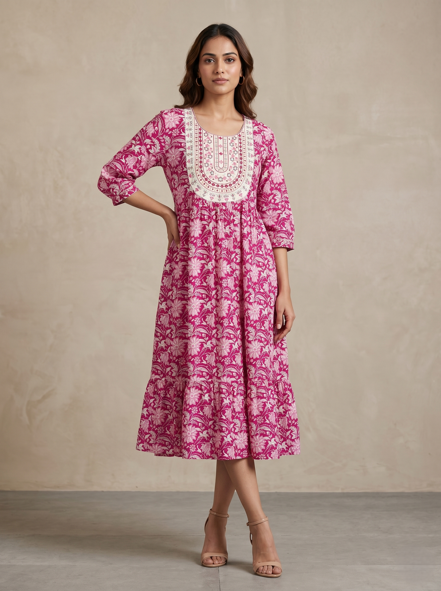 Women's Pink Viscose Rayon Floral Print Midi Dress