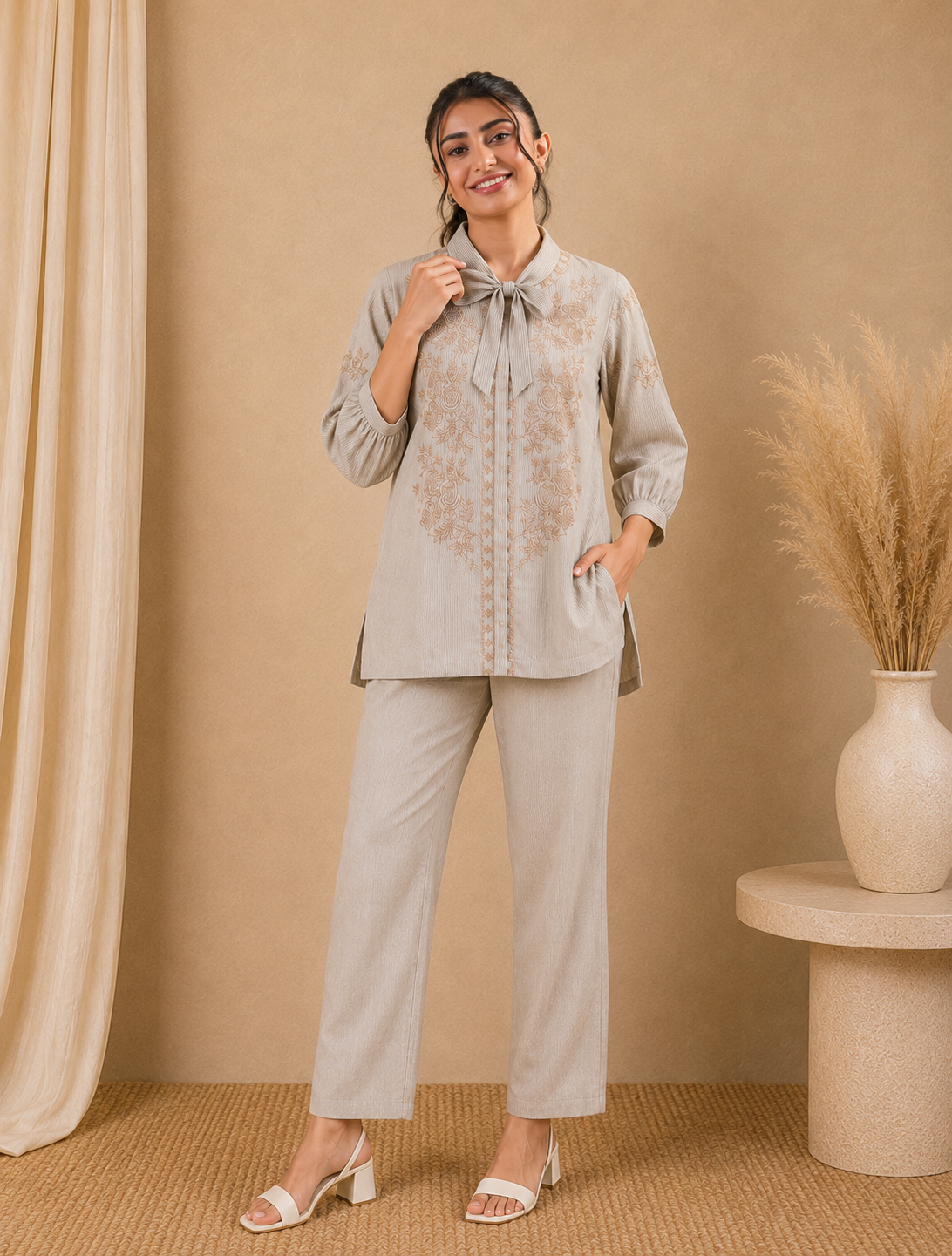 Beige Embroidered Tie-Neck Cotton Co-ord Set for Women