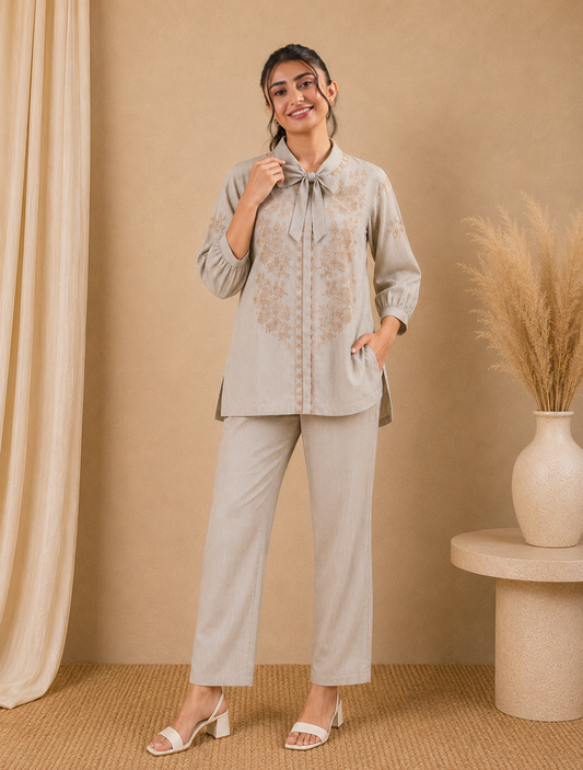 Beige Embroidered Tie-Neck Cotton Co-ord Set for Women