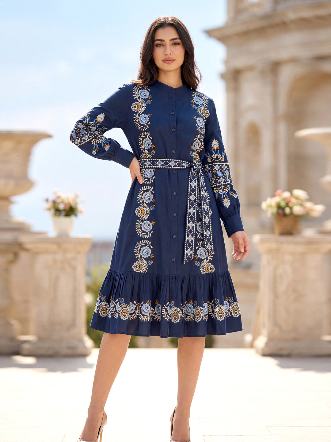 Women’s Blue Cotton Floral Embroidered Midi Dress with Belt