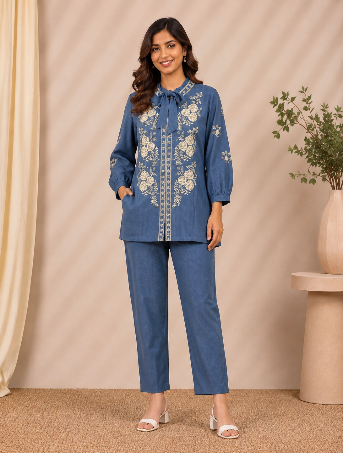 Blue Embroidered Tie-Neck Cotton Co-ord Set for Women