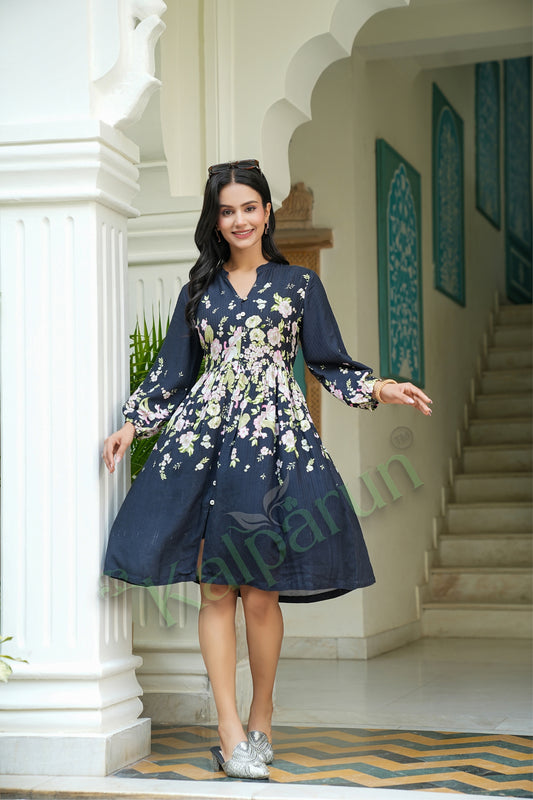 Kalparun Floral Print Rayon Dobby Short Dress, Midnight Bloom with Blush Pink Flowers, V-Neck, Long Sleeve, Button Front