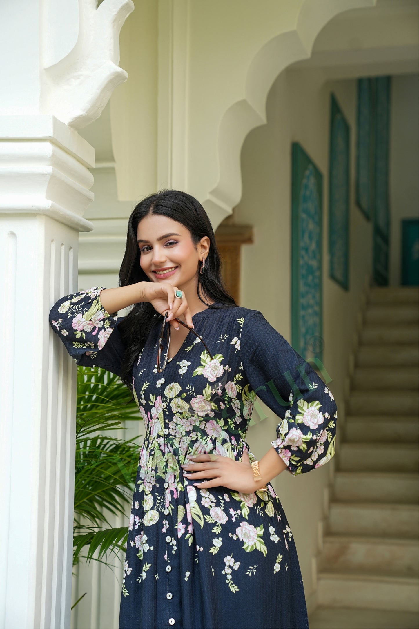 Kalparun Floral Print Rayon Dobby Short Dress, Midnight Bloom with Blush Pink Flowers, V-Neck, Long Sleeve, Button Front