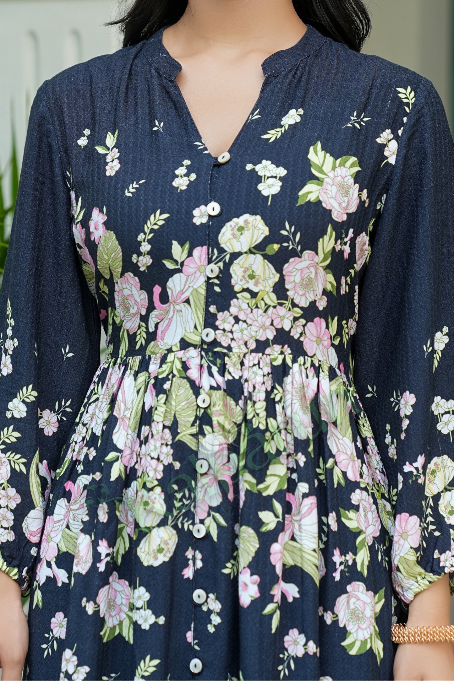 Kalparun Floral Print Rayon Dobby Short Dress, Midnight Bloom with Blush Pink Flowers, V-Neck, Long Sleeve, Button Front