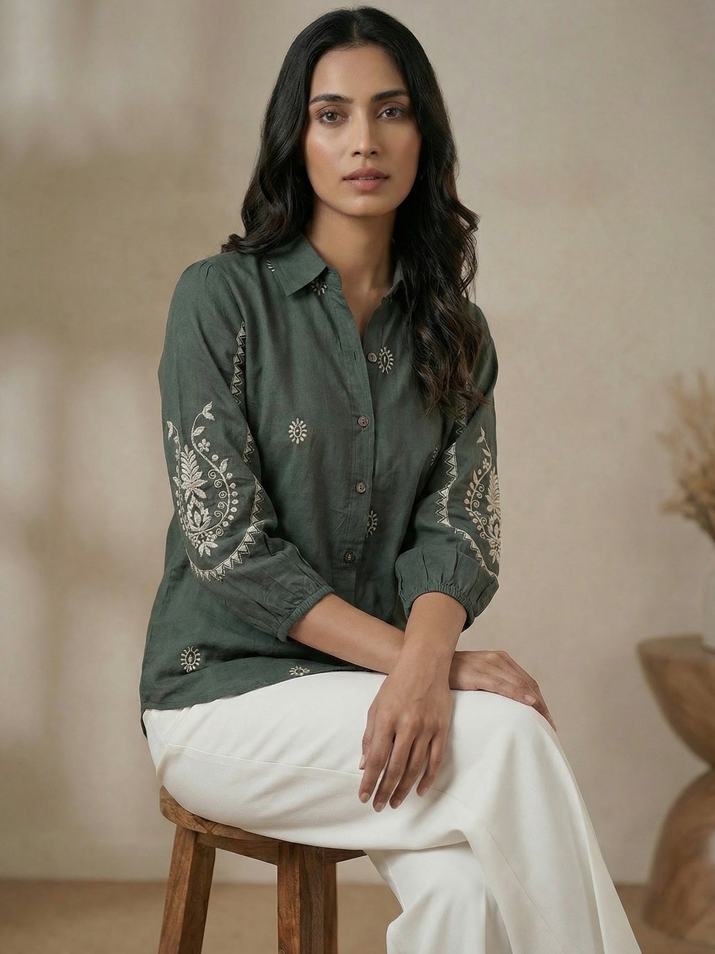 Kalparun Green and Olive Green Embroidered Shirt