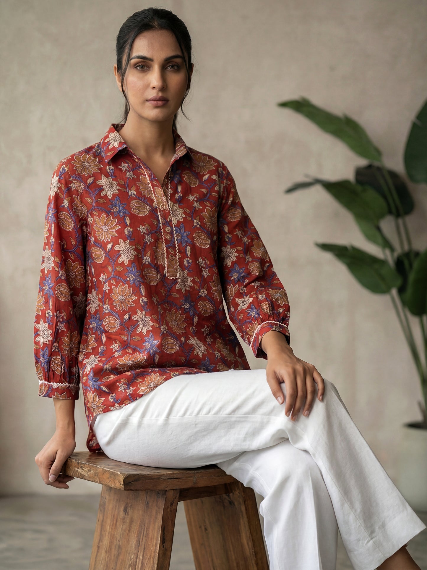 Marron Printed Cotton Shirt for Women