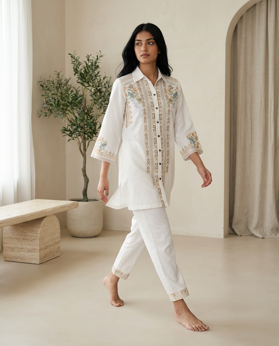 Off White Embroidered Co-ord Set
