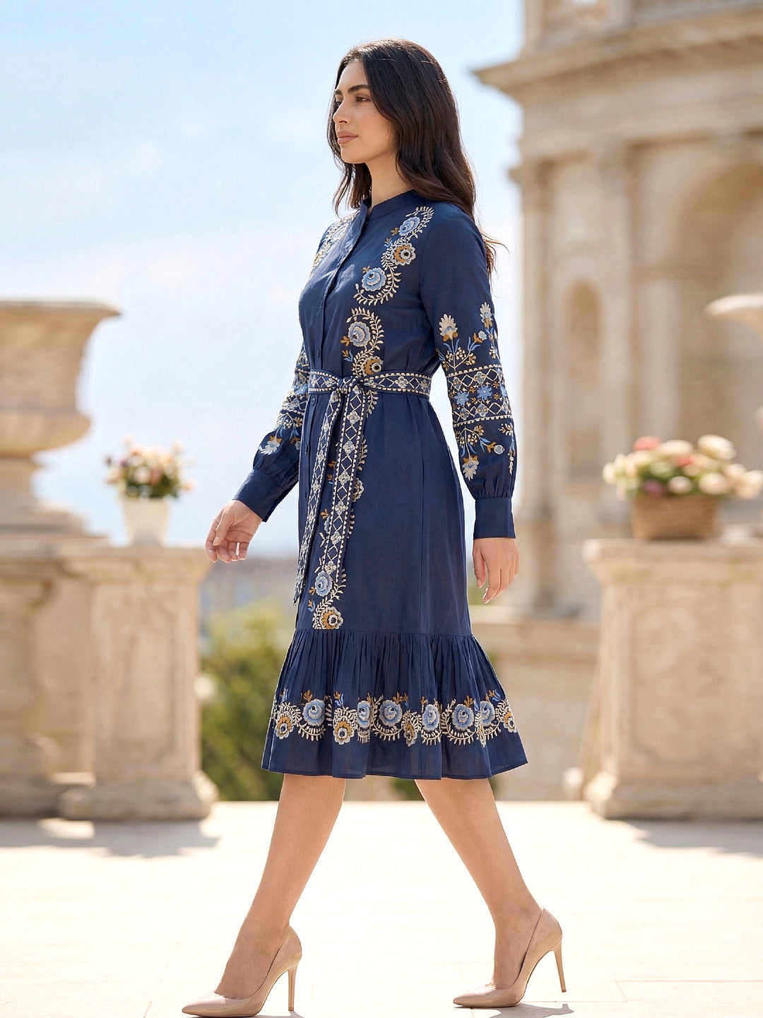 Women’s Blue Cotton Floral Embroidered Midi Dress with Belt