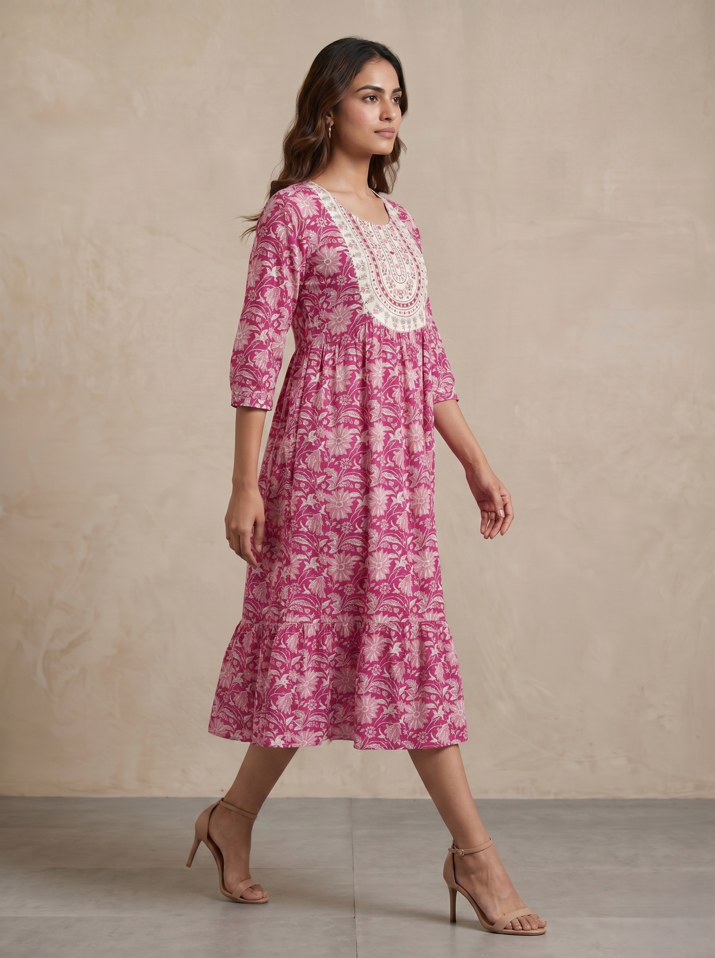 Women's Pink Viscose Rayon Floral Print Midi Dress