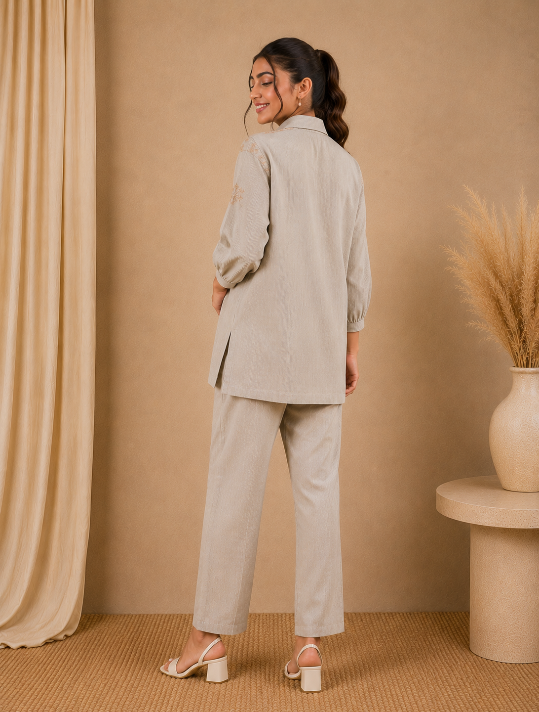 Beige Embroidered Tie-Neck Cotton Co-ord Set for Women