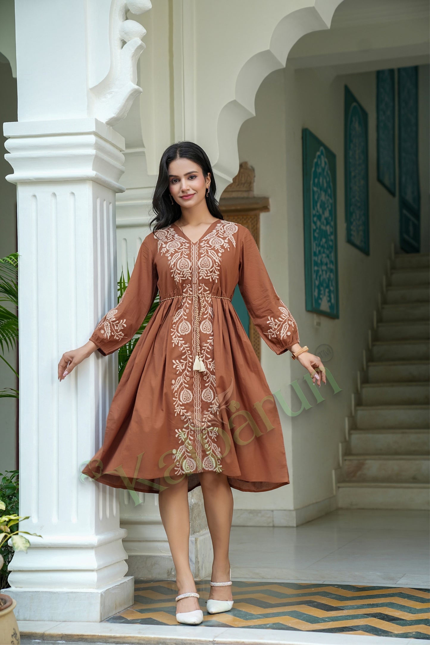 Kalparun Copper Brown Cotton Short Dress with Cream Embroidery, V-Neck, Long Sleeves, Empire Waist