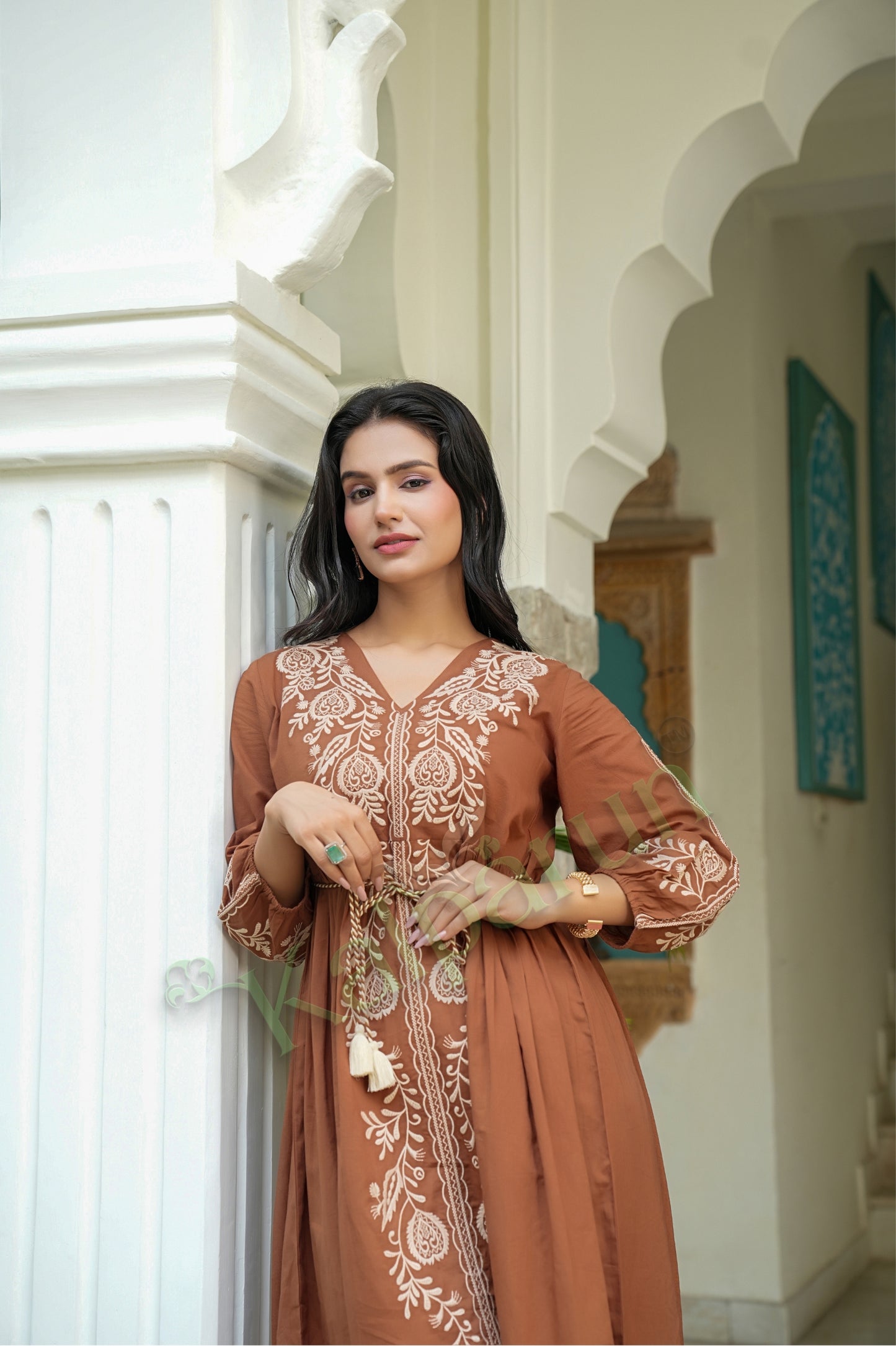 Kalparun Copper Brown Cotton Short Dress with Cream Embroidery, V-Neck, Long Sleeves, Empire Waist