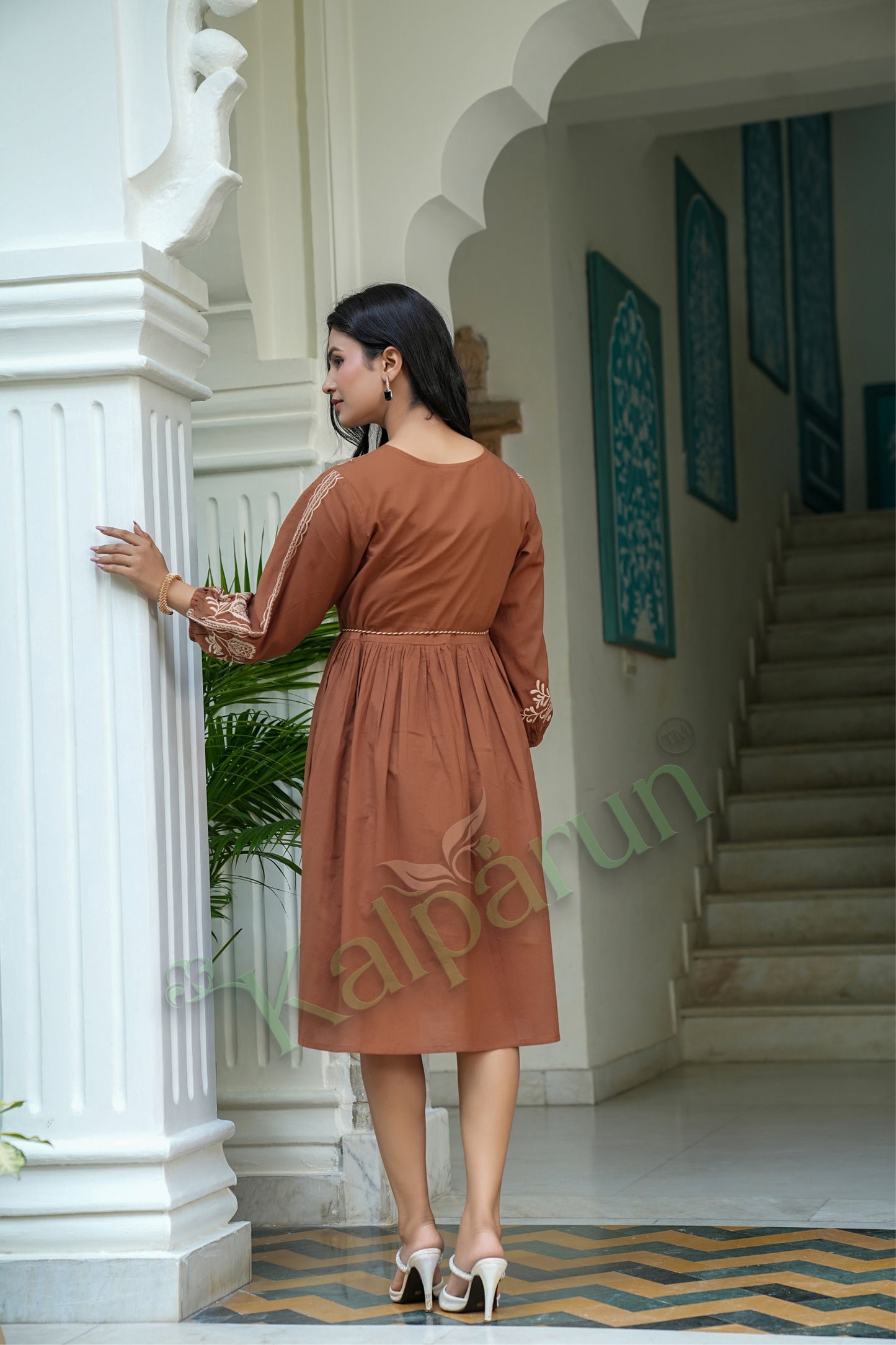 Kalparun Copper Brown Cotton Short Dress with Cream Embroidery, V-Neck, Long Sleeves, Empire Waist